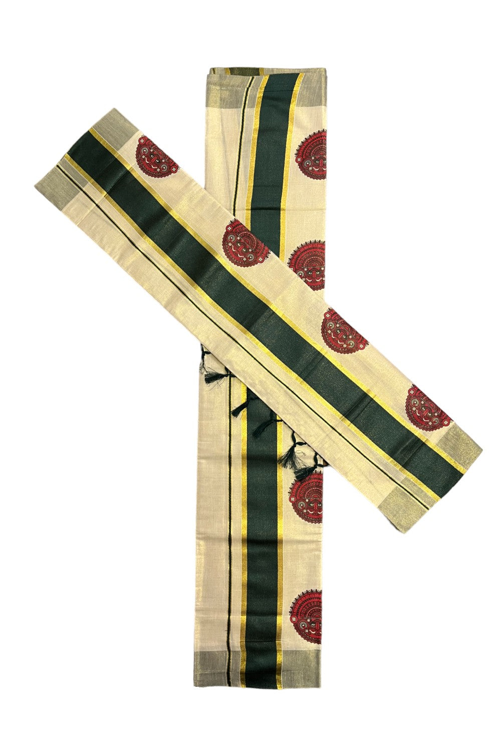 Kerala Tissue Single Set Mundu (Mundum Neriyathum) with Theyyam Block Prints and Dark Green Border (Vishu 2024 Collection)