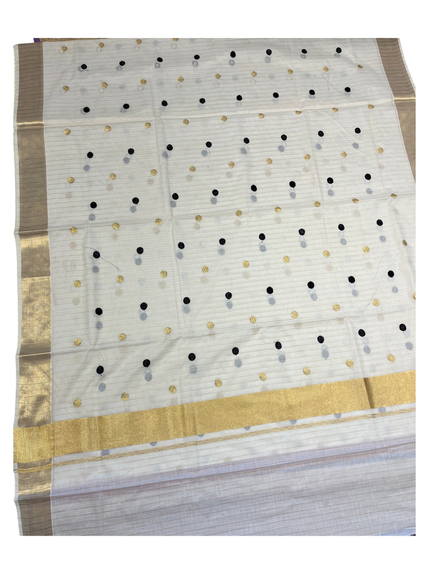 Southloom Kerala Pure Cotton Saree with Gold&Black Polka Embroidery Works on Body