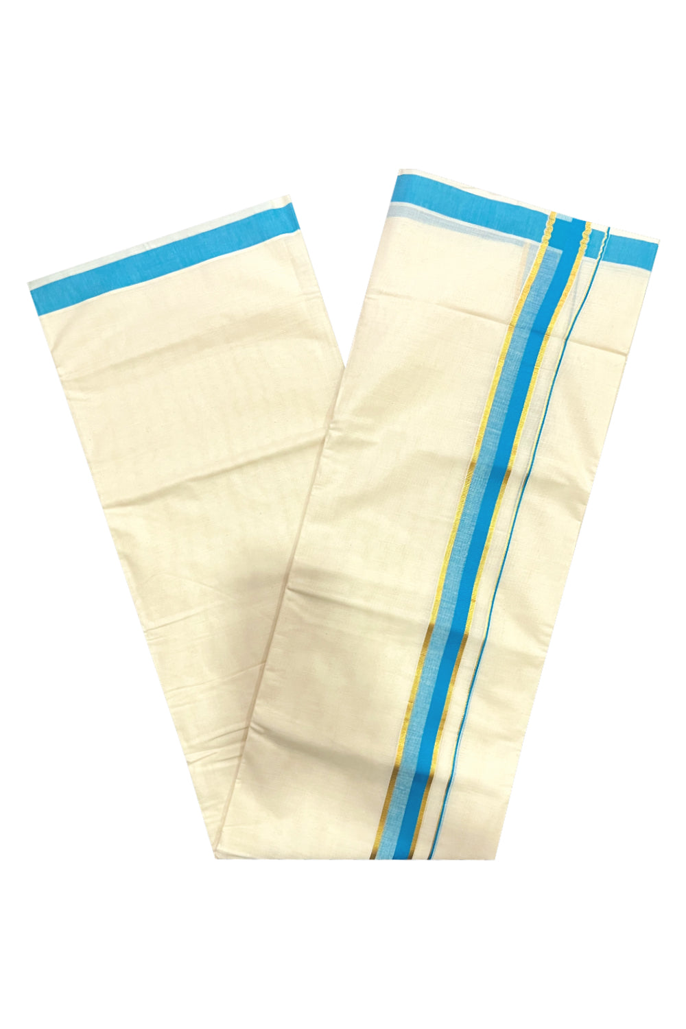 Kerala Pure Cotton Double Mundu with Blue and Kasavu Border (South Indian Kerala Dhoti)