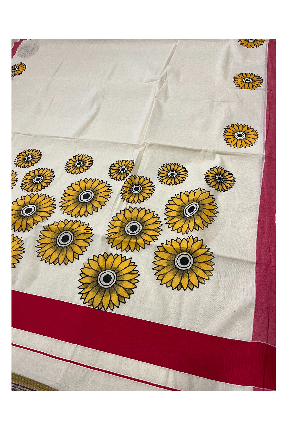 Kerala Cotton Saree with Sunflower Prints on Body and Red Border