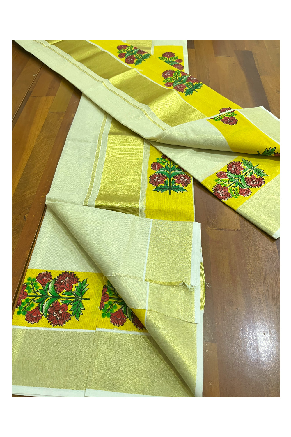 Kerala Tissue Single Set Mundu (Mundum Neriyathum) with Red Floral Block Prints in Yellow Border 2.80 Mtrs (Onam 2024 Collection)