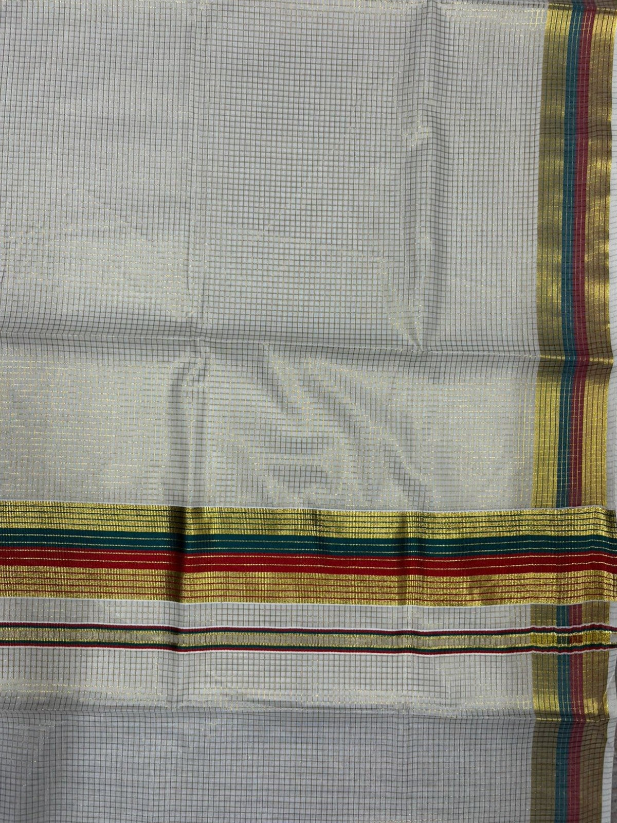 Southloom Kerala Cotton Kasavu Saree with Micro Check Design on Body in Red & Peacock Green Border