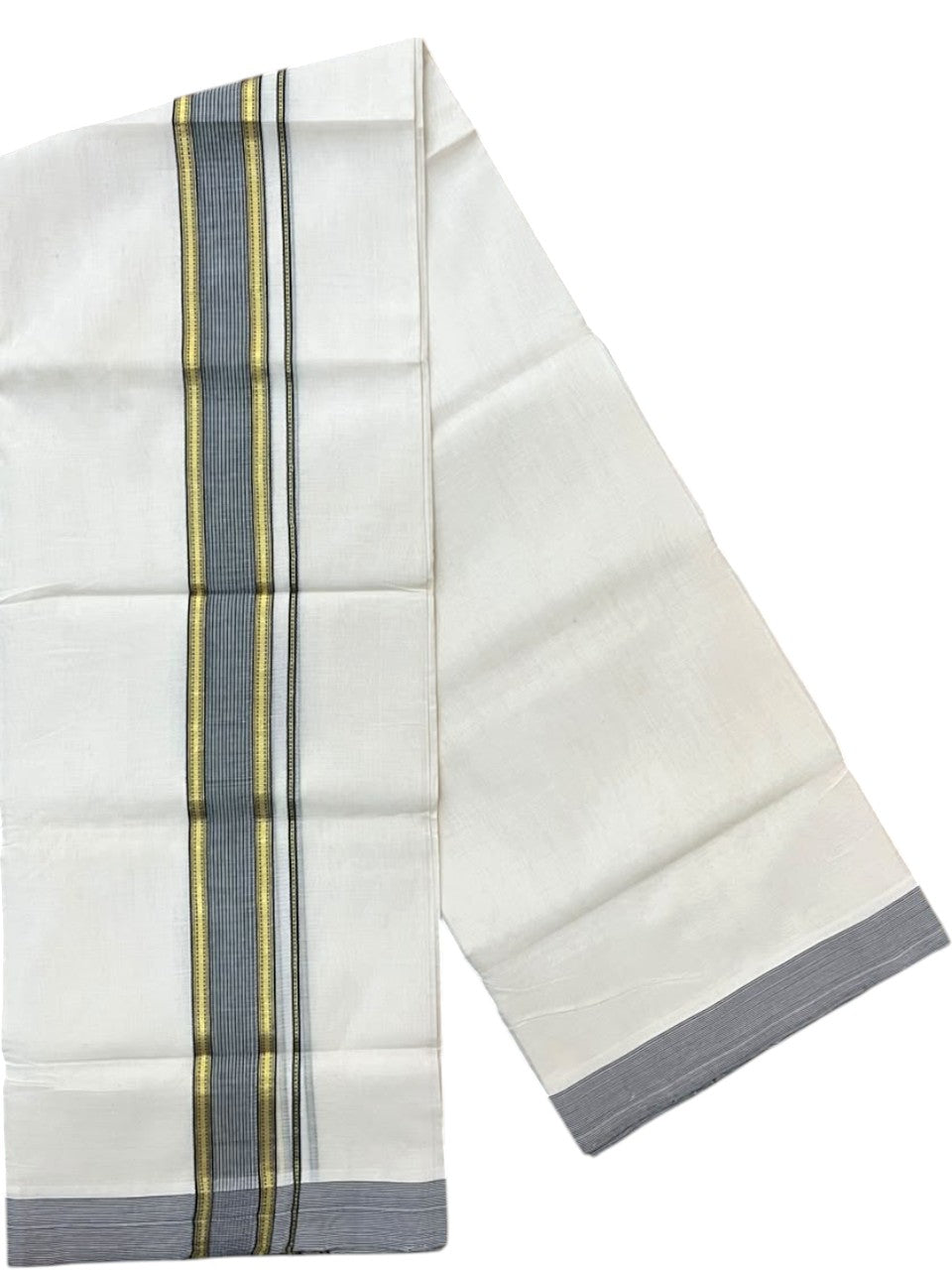 Southloom Balaramapuram Unakkupaavu Premium Handloom Cotton Double Mundu with Gold Kasavu and Black Border