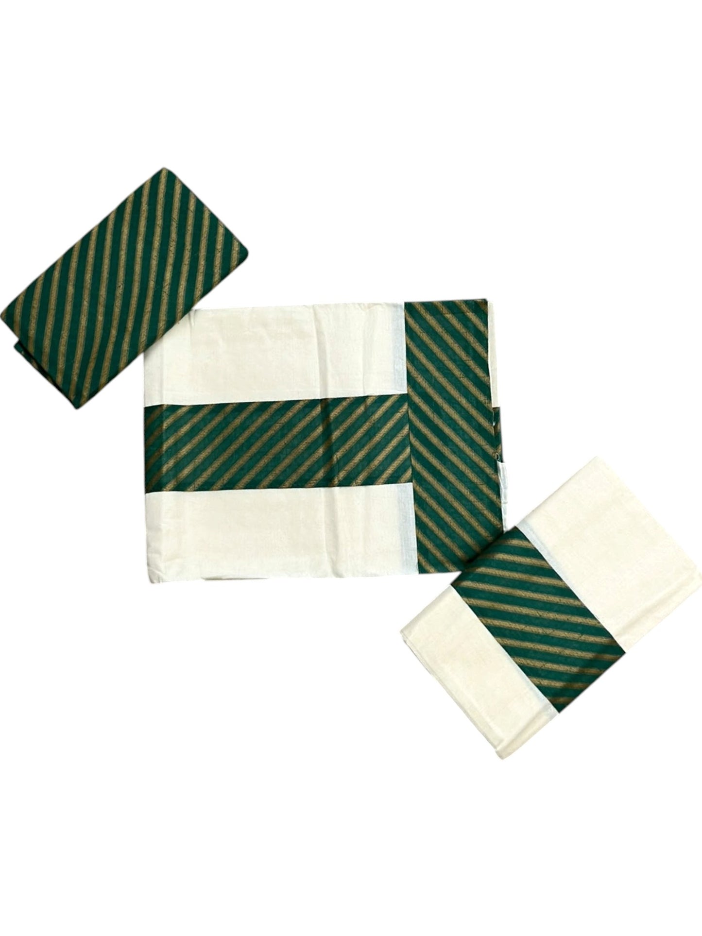 Southloom Pure Cotton Single Set Mundu (Mundum Neriyathum) With Green Border 2.80 Mtrs