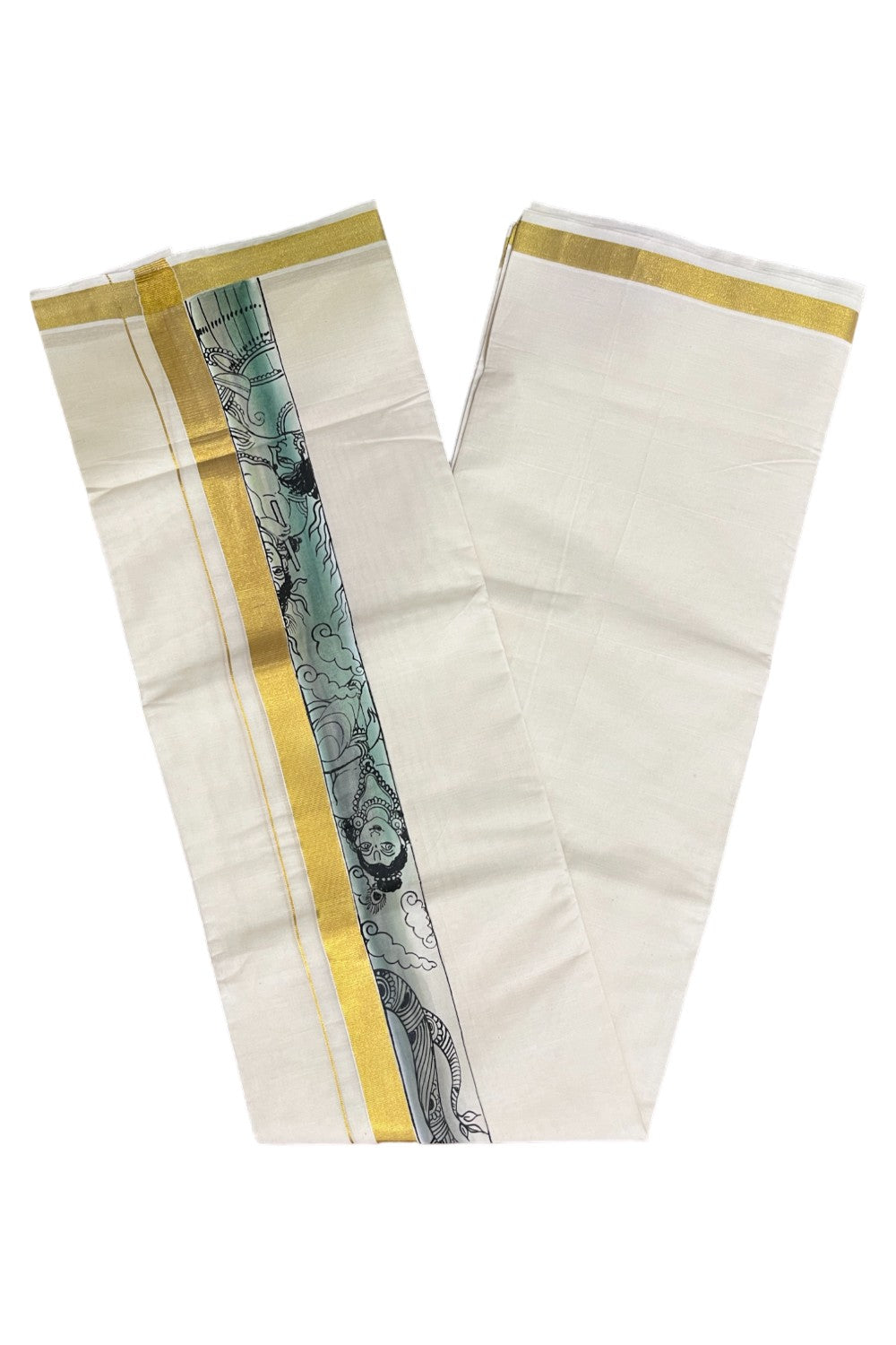 Kerala Pure Cotton Double Mundu with Mural Hand Painted Design on Kasavu Border (South Indian Kerala Dhoti)