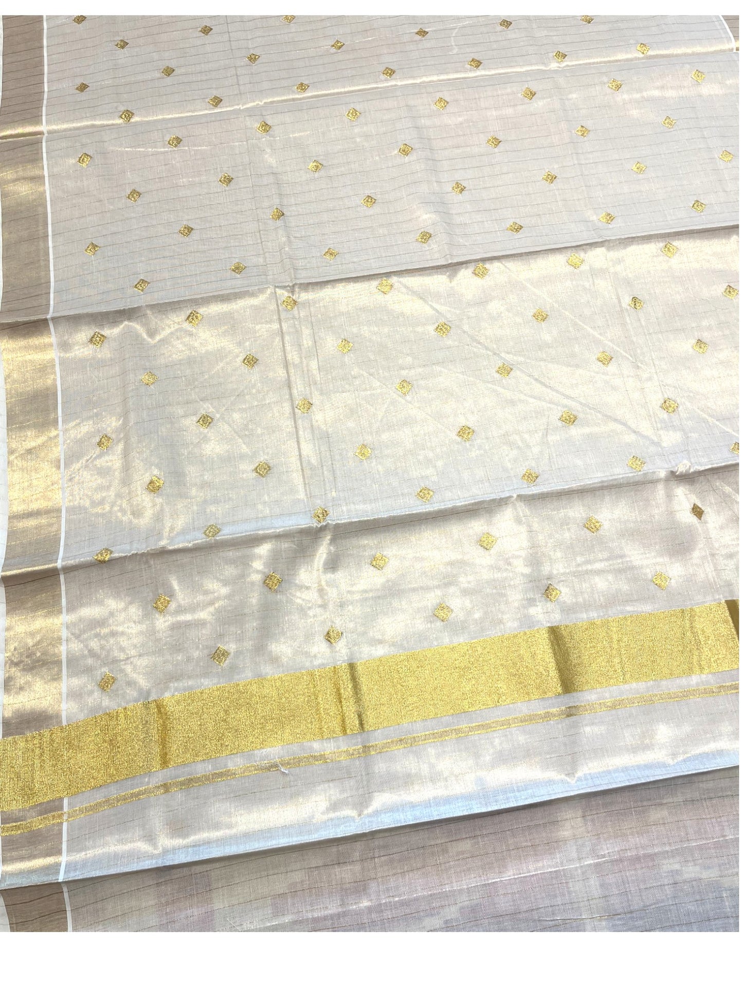 Southloom Kerala Tissue Kasavu Stripes Saree With Diagonal Embroidery on Body