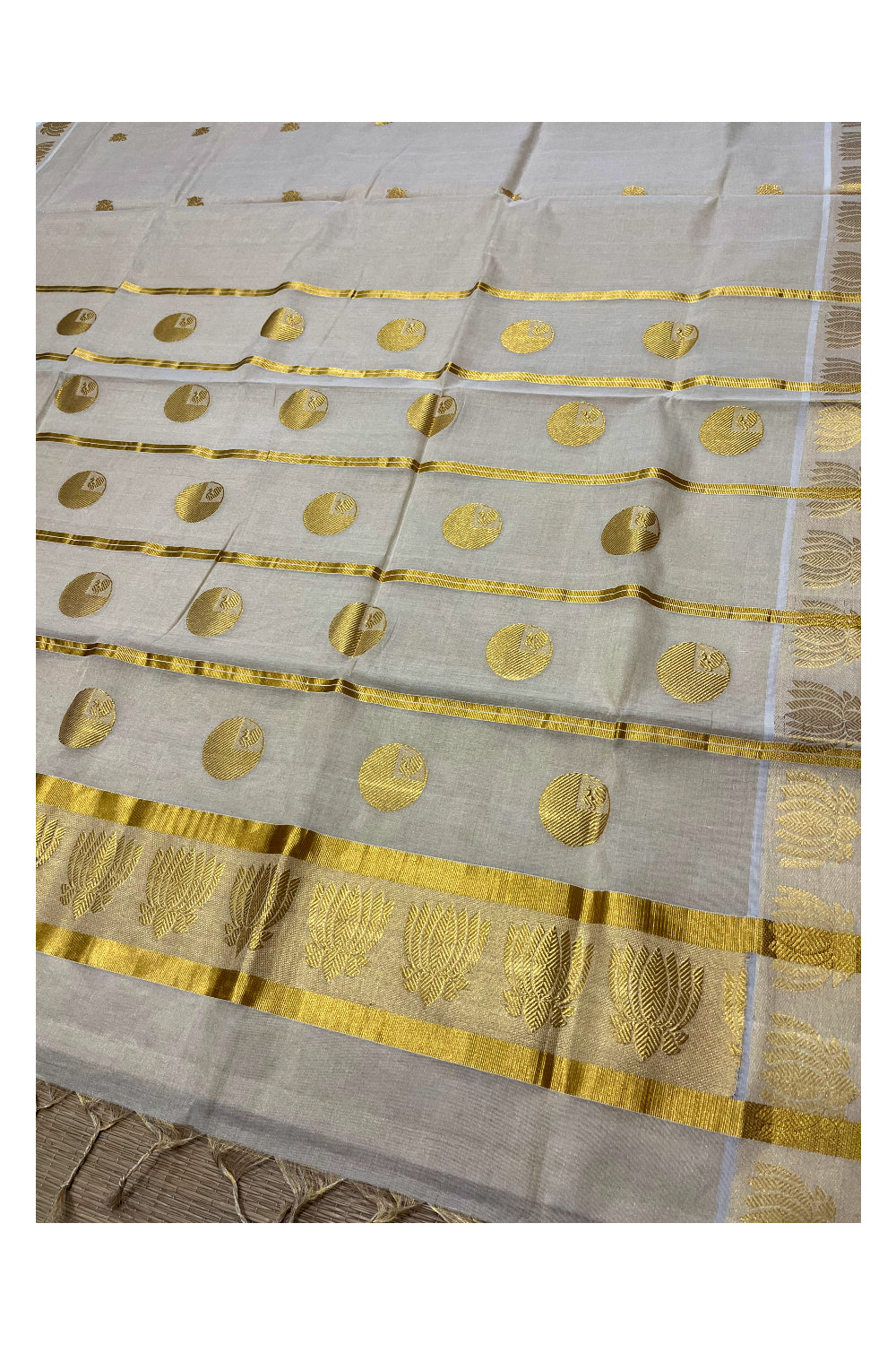 Southloom™ Premium Handloom Tissue Kasavu Saree with Lotus Woven Designs