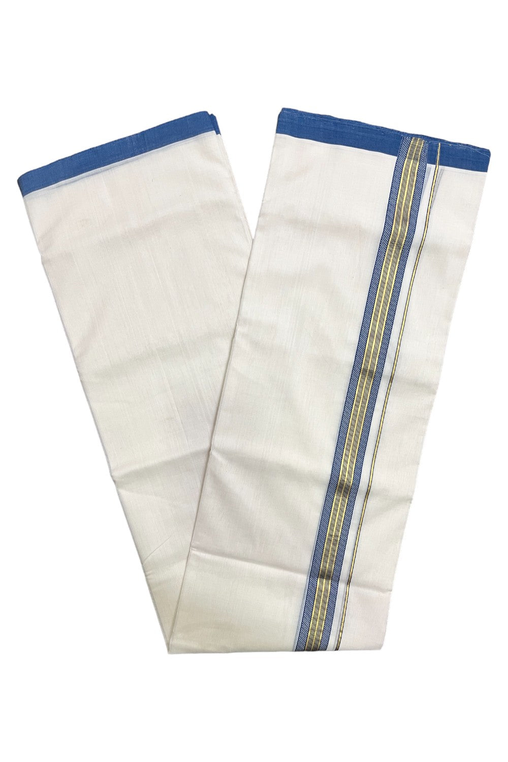 Premium Balaramapuram Handloom Unakkupaavu Cotton Double Mundu with Kasavu and Blue Design Border (Vishu 2024 Collection)