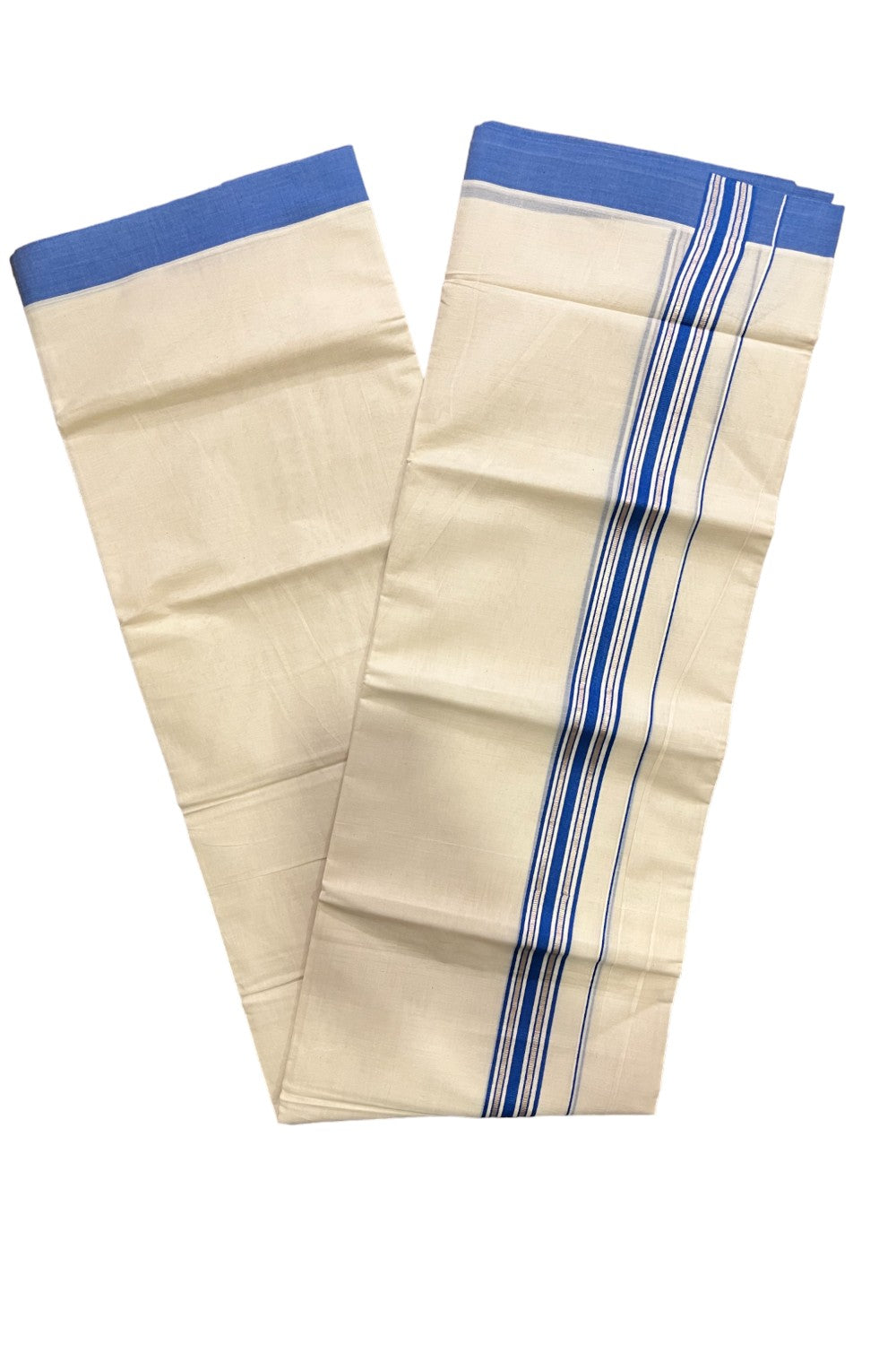 Kerala Pure Cotton Double Mundu with Silver Kasavu and Blue Border