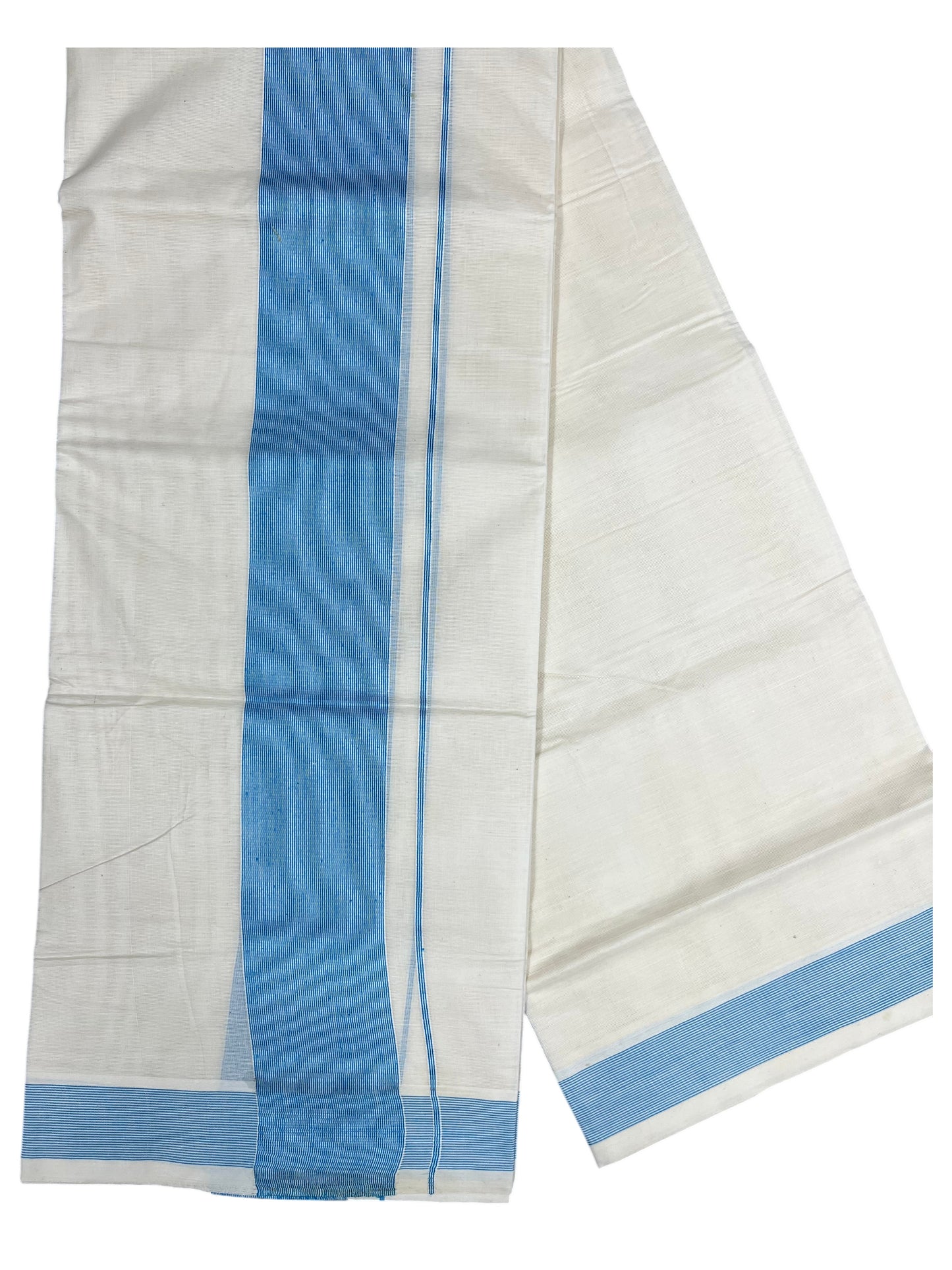 Southloom Kerala Pure Cotton Double Mundu with Blue Lines Border (South Indian Kerala Dhoti)