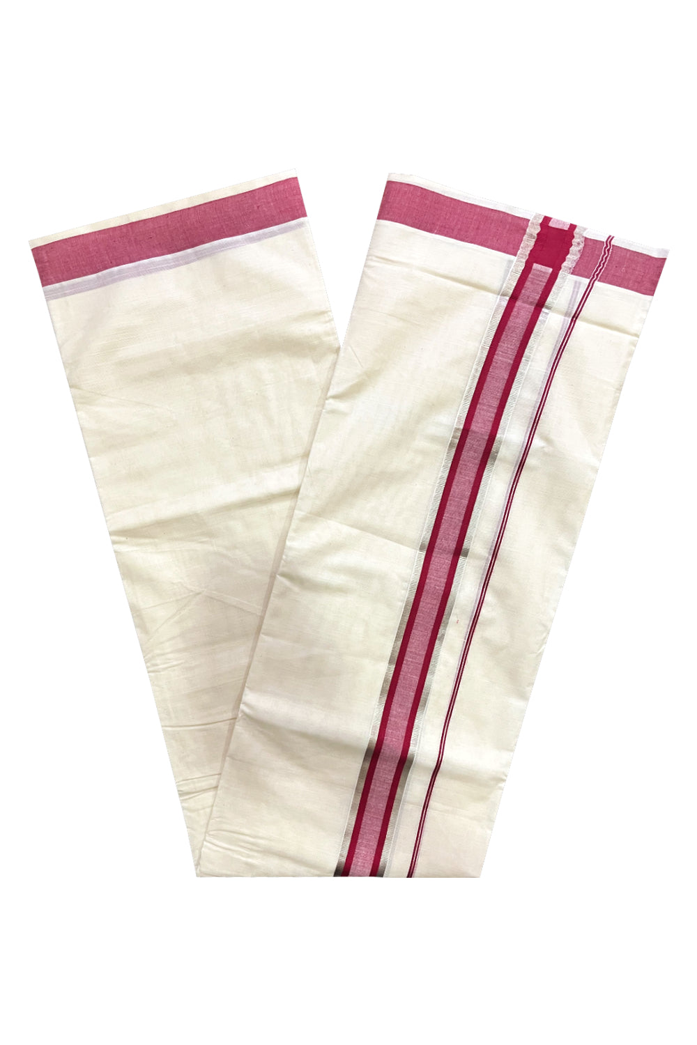 Kerala Cotton Off White Double Mundu with Silver Kasavu and Maroon Border (South Indian Kerala Dhoti)