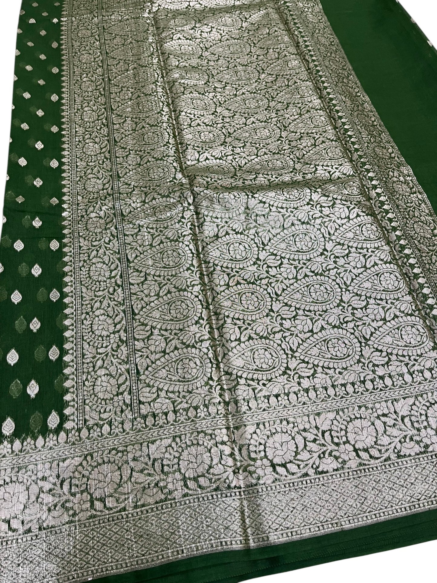 Southloom Cotton Banarasi Silk Saree with Woven Work on Body and Borders(Green)