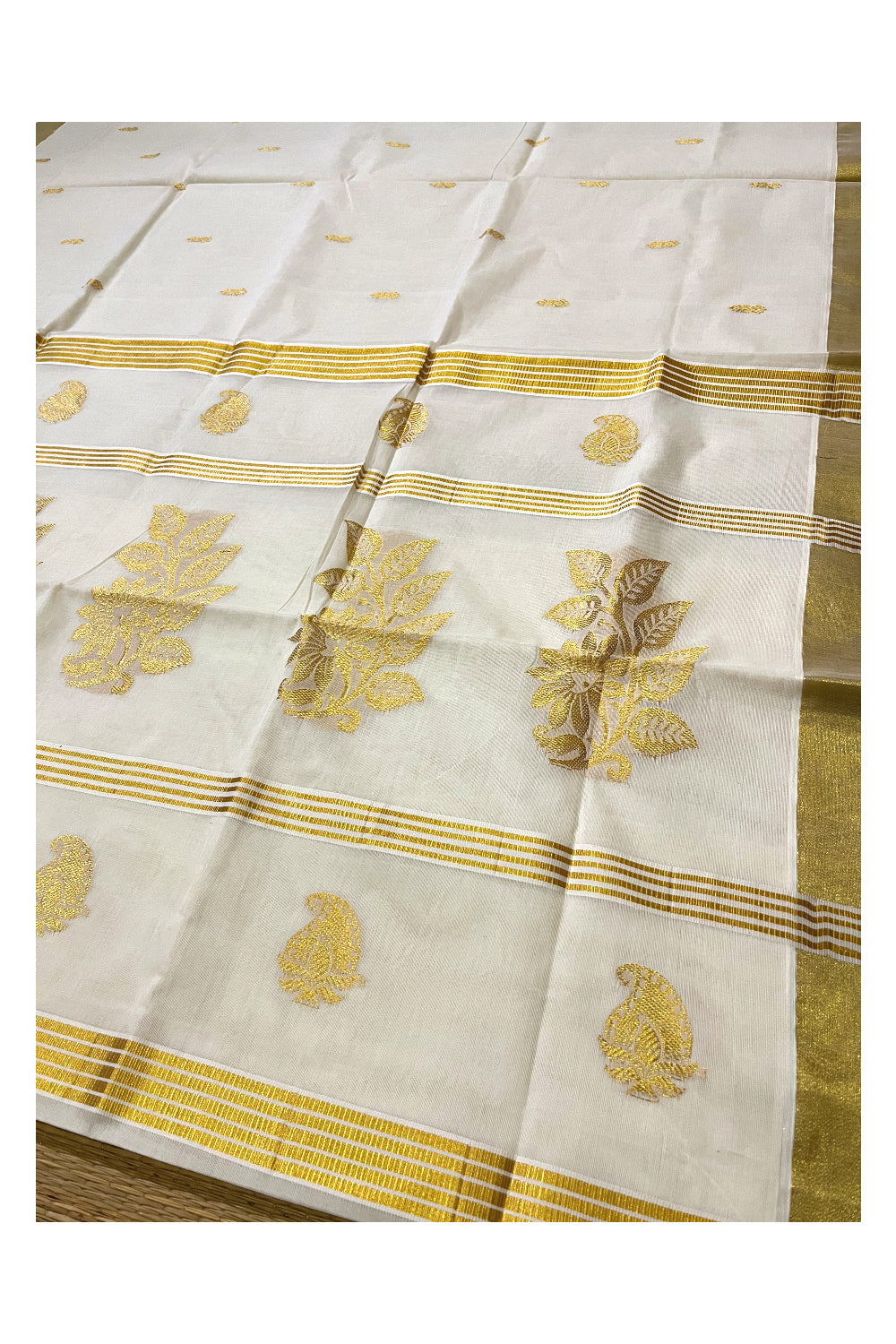 Kerala Kasavu Floral Heavy Woven Work Cotton Saree (Onam Saree 2023)