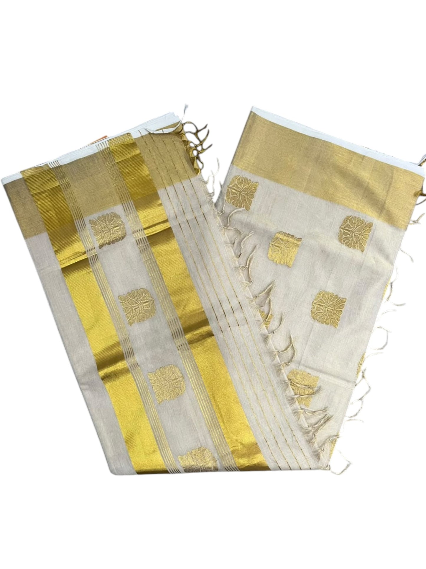 Southloom Super Premium Balaramapuram Handloom Tissue Saree with Gold Butta Design and Gold Kasavu Border