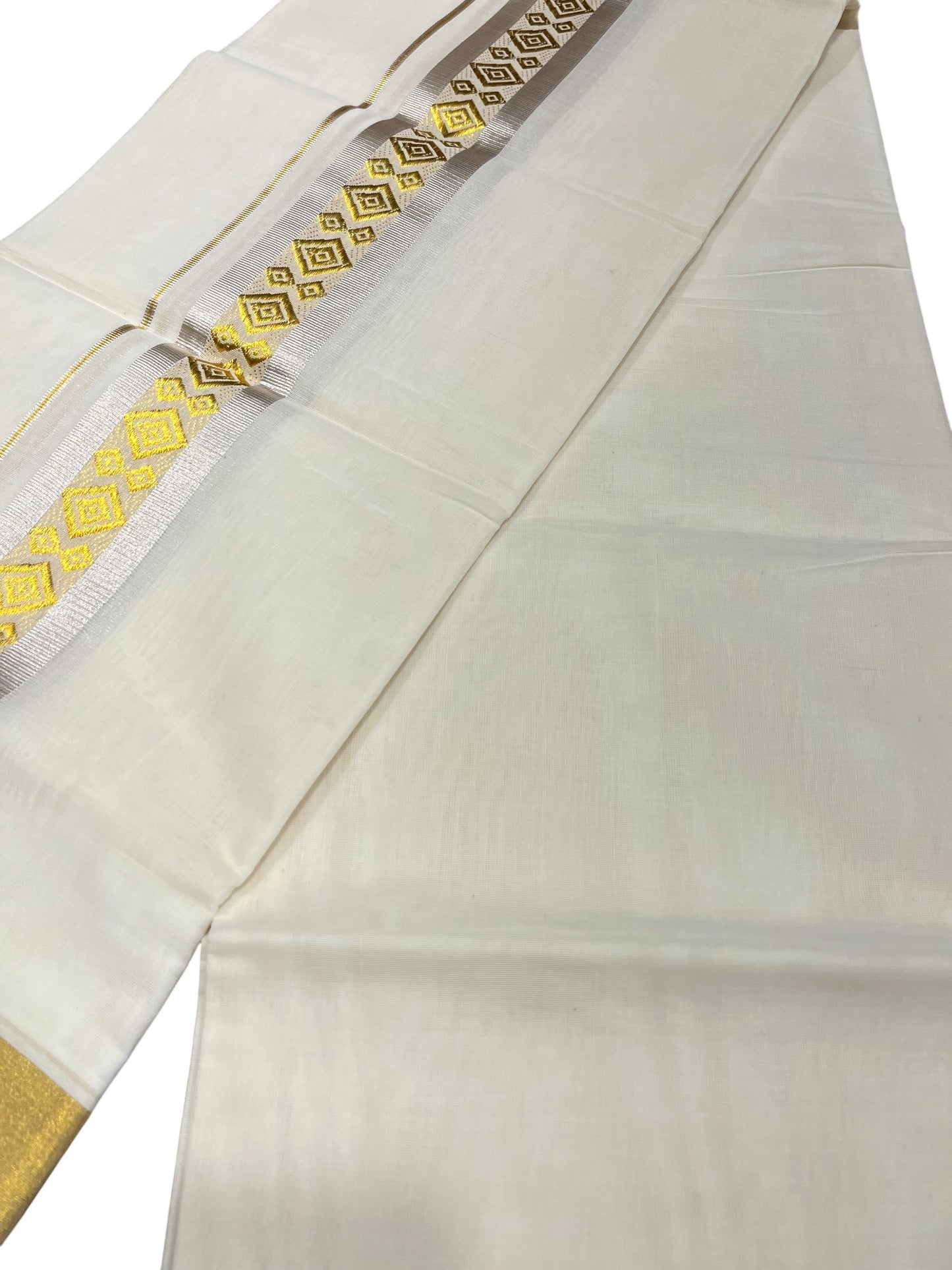 Southloom Premium Handloom Cotton Double Mundu with Gold And Silver Kasavu Border