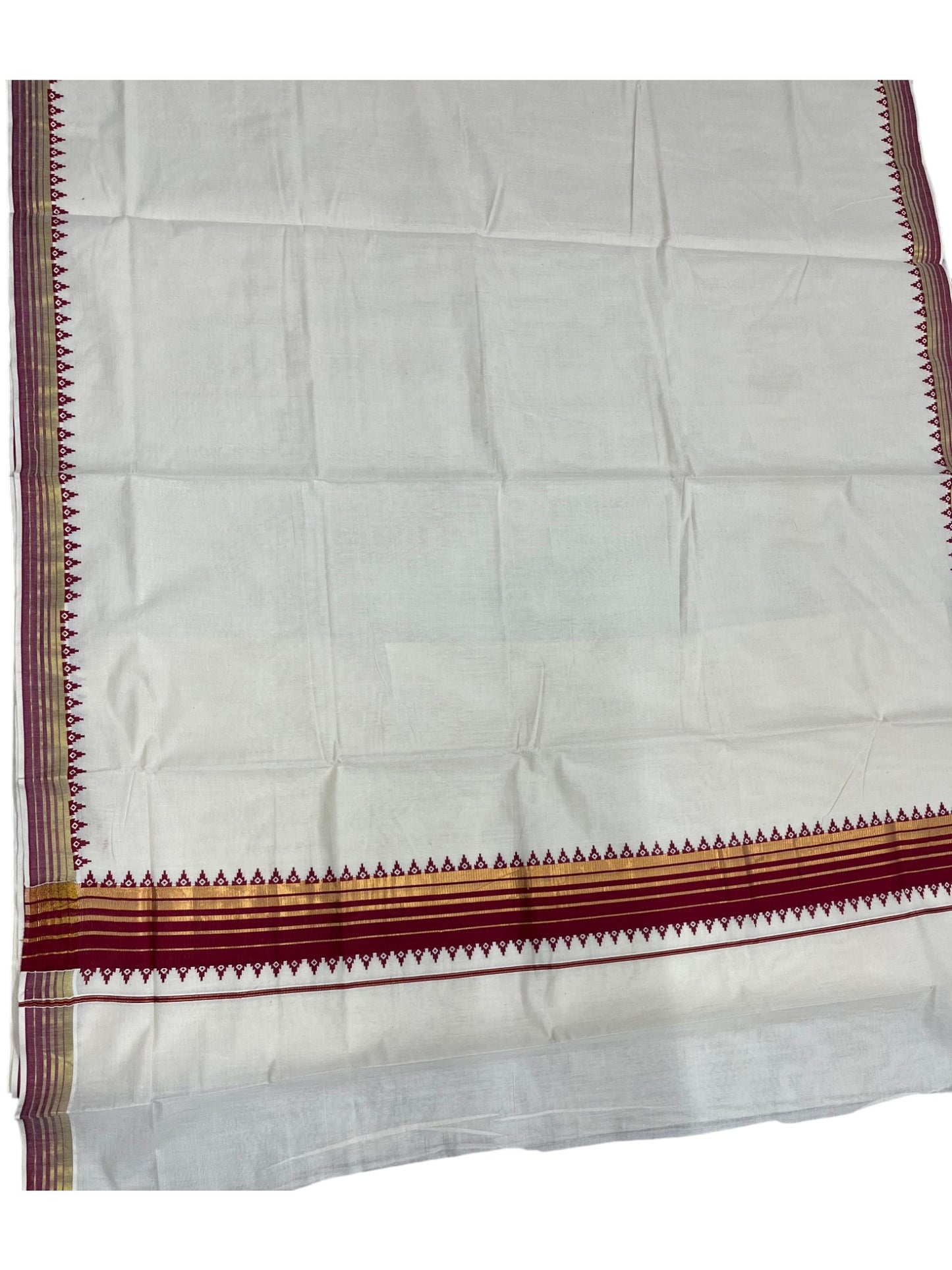 Southloom Cotton Kerala Kasavu Saree with Temple Design Border in Maroon