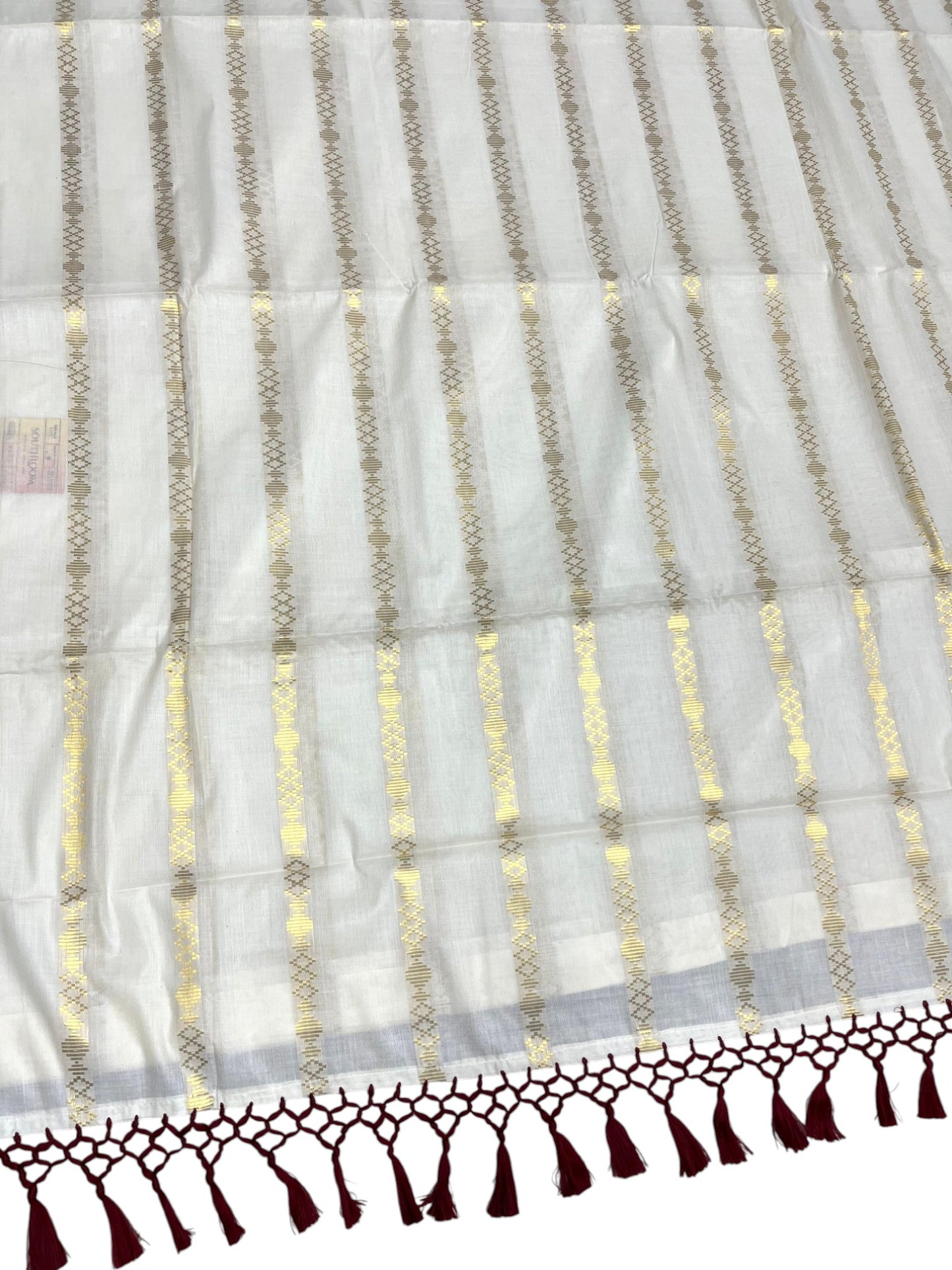 Southloom Kerala Cotton Kasavu Saree with Stripes on Body and Maroon Tussels