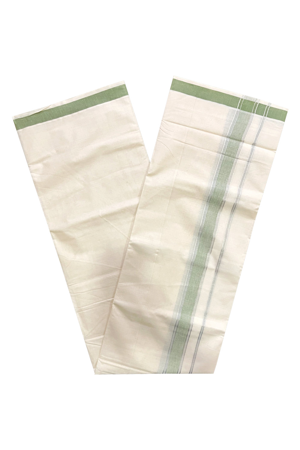 Pure Cotton Kerala Double Mundu with Silver Kasavu and Olive Green Border (South Indian Kerala Dhoti)