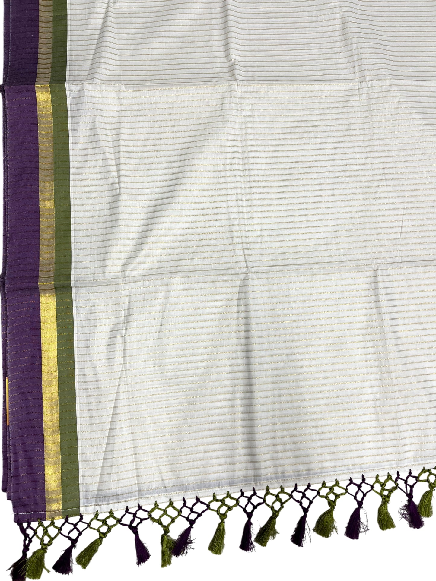 Southloom Cotton Kerala Kasavu Saree with Stripes on Body and Purple &Olive Green Border with Tussels