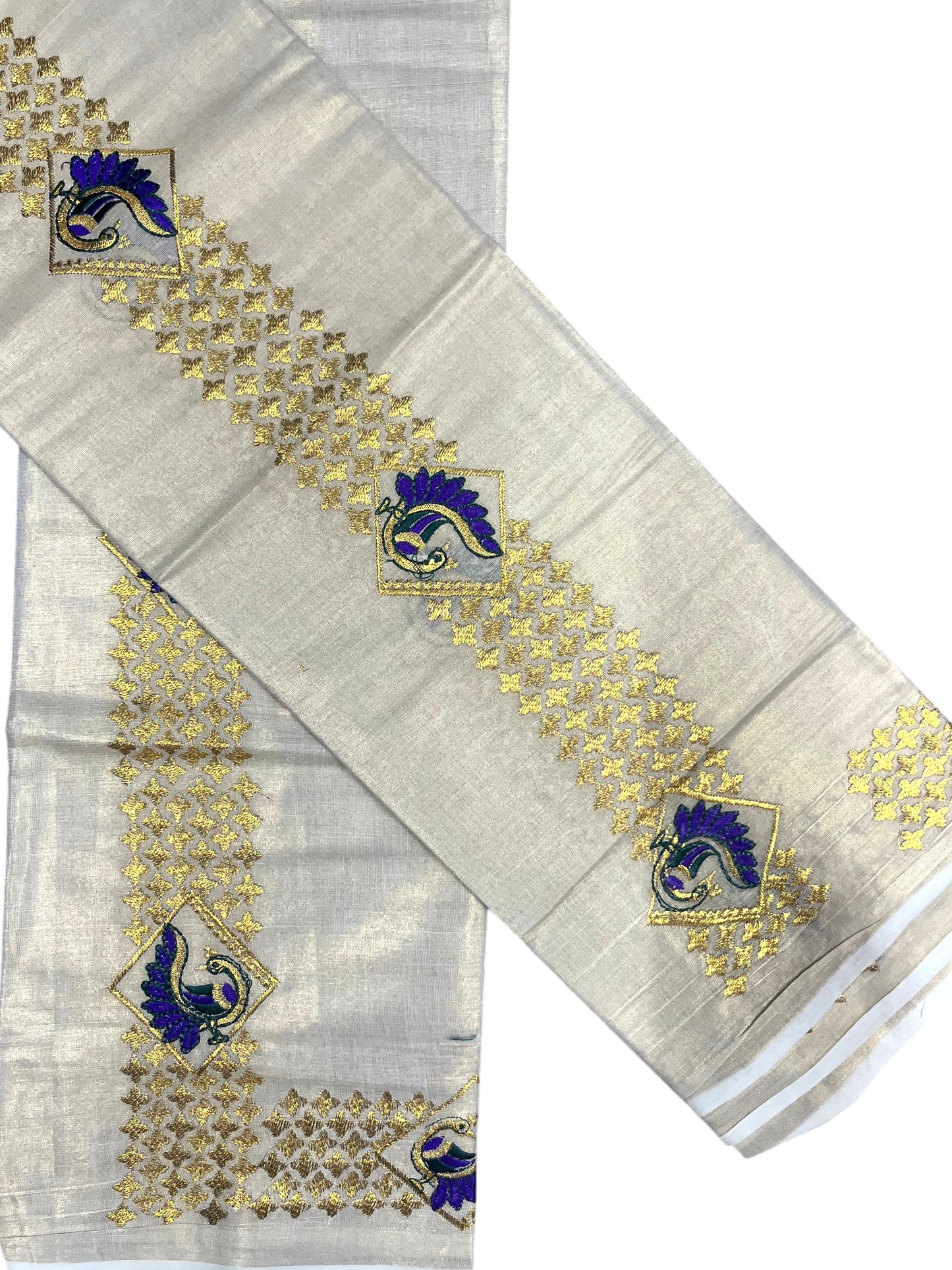 Southloom Kerala Tissue Kasavu Single Set Mundu (Mundum Neriyathum) Voilet and Green Embroidery Work