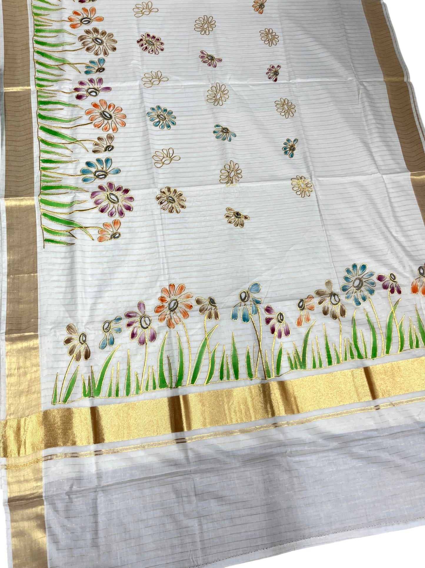 Southloom Cotton Kerala Kasavu Stripes Saree with Floral and Handpainted Embroidery Design in Body