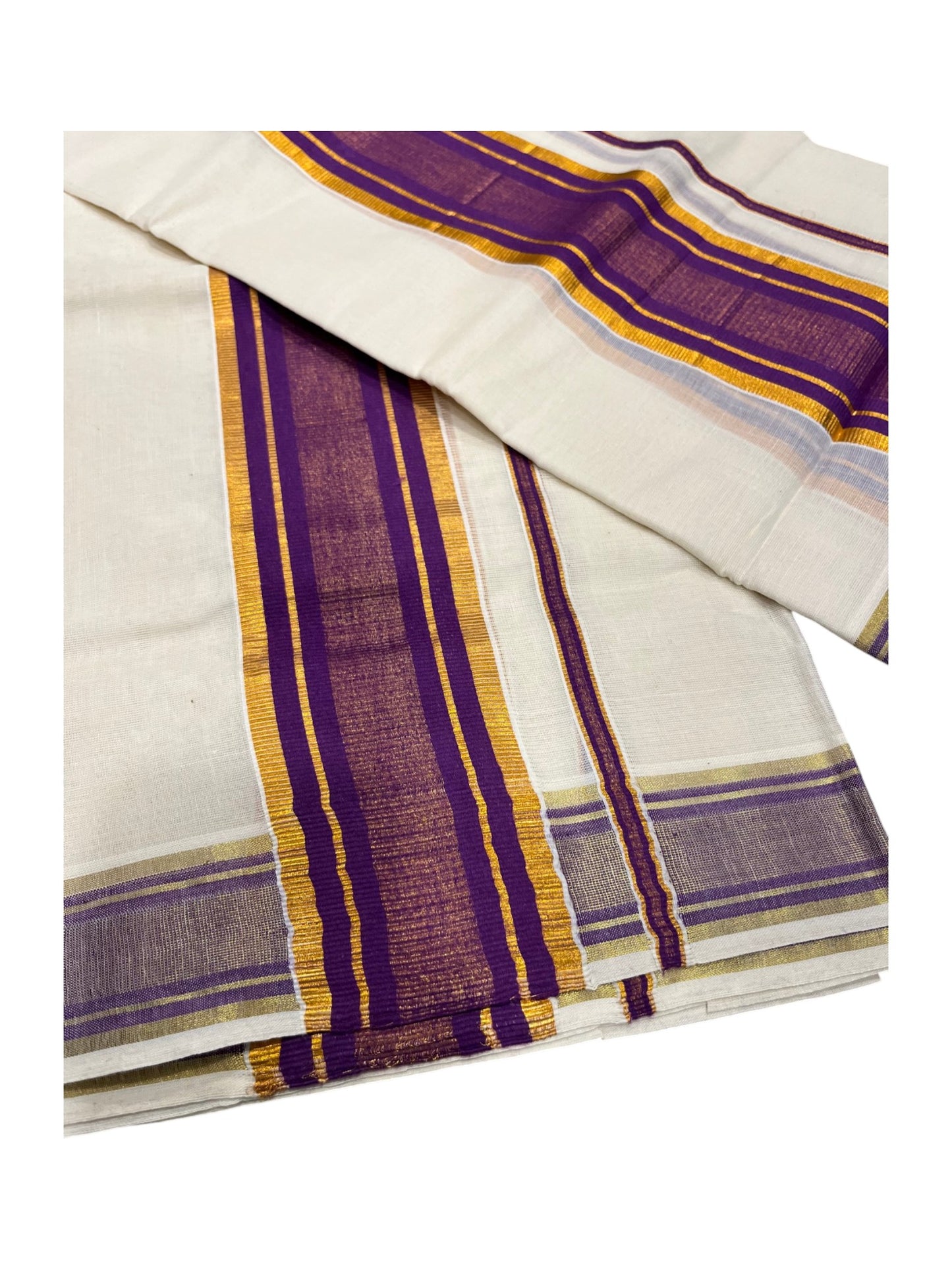 Southloom Kerala Cotton  Set Mundu (Mundum Neriyathum) with Kasavu and Violet Border 2.80Mtrs
