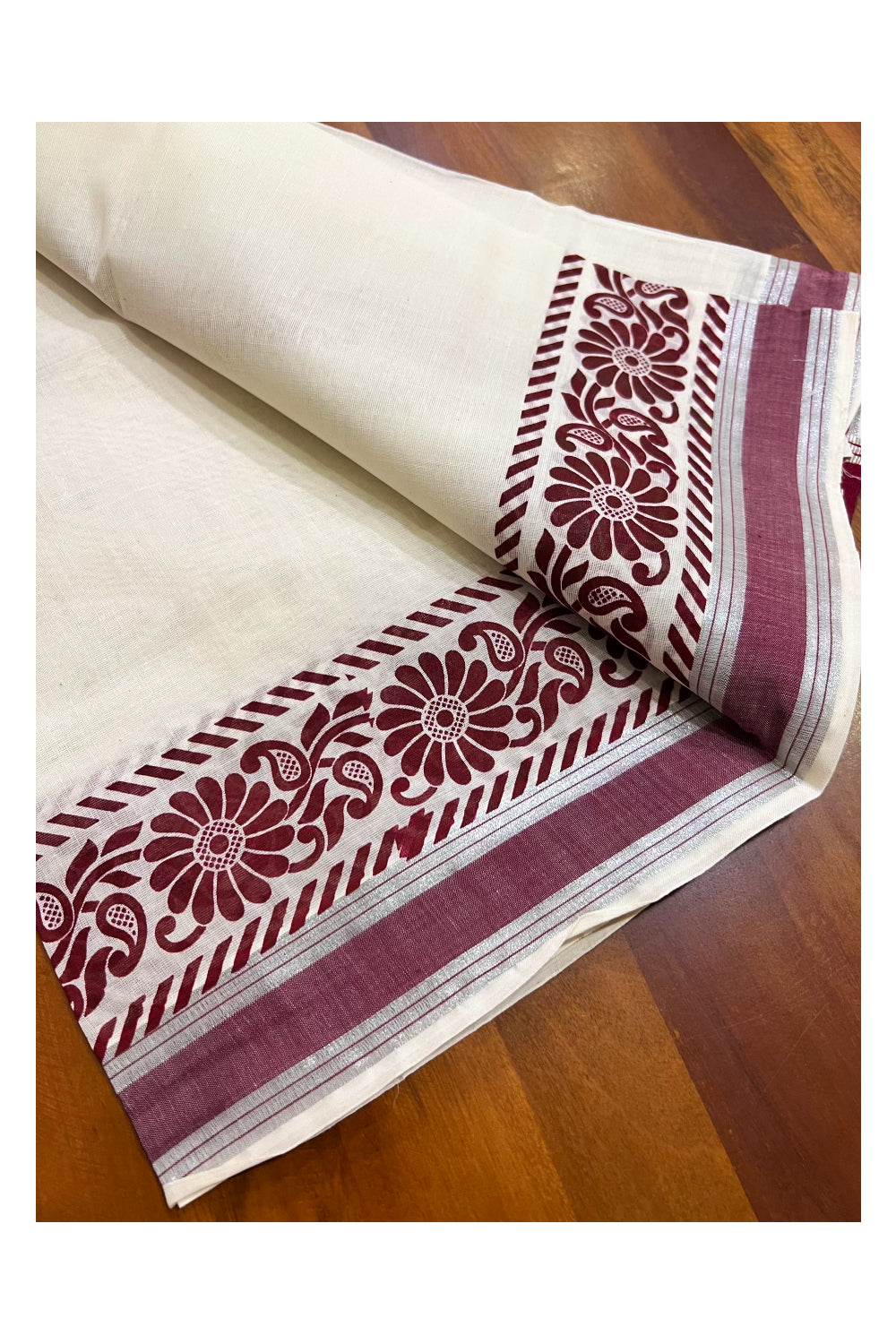Kerala Pure Cotton Set Mundu Single (Mundum Neriyathum) with Black Block Prints on Maroon Border and Silver Kasavu - 2.80Mtrs (Vishu 2024 Collection)