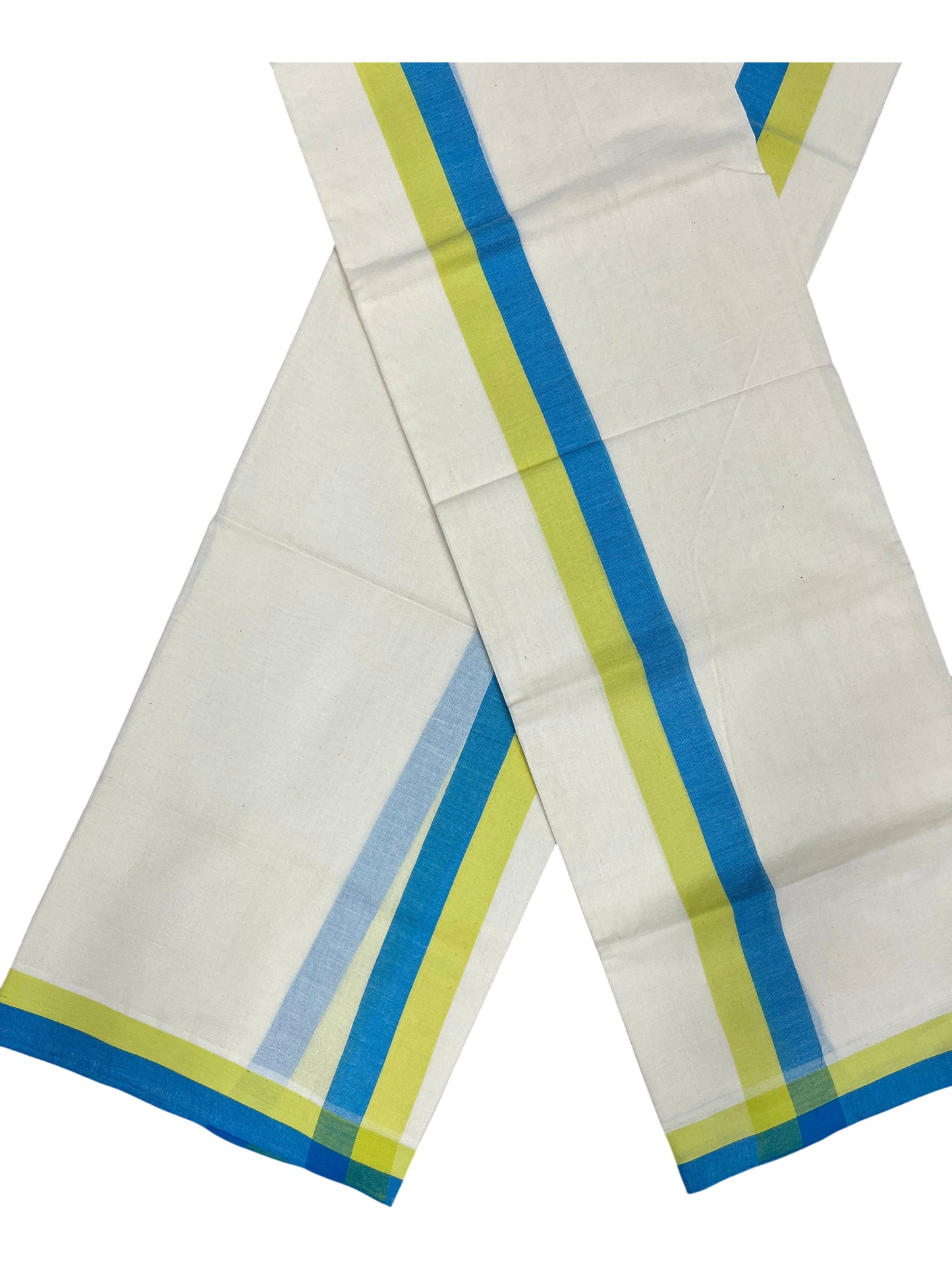 Southloom Pure Cotton Kerala Single Mulloth Set Mundu (Mundum Neriyathum) Green And Blue Border in 2.80 mtrs
