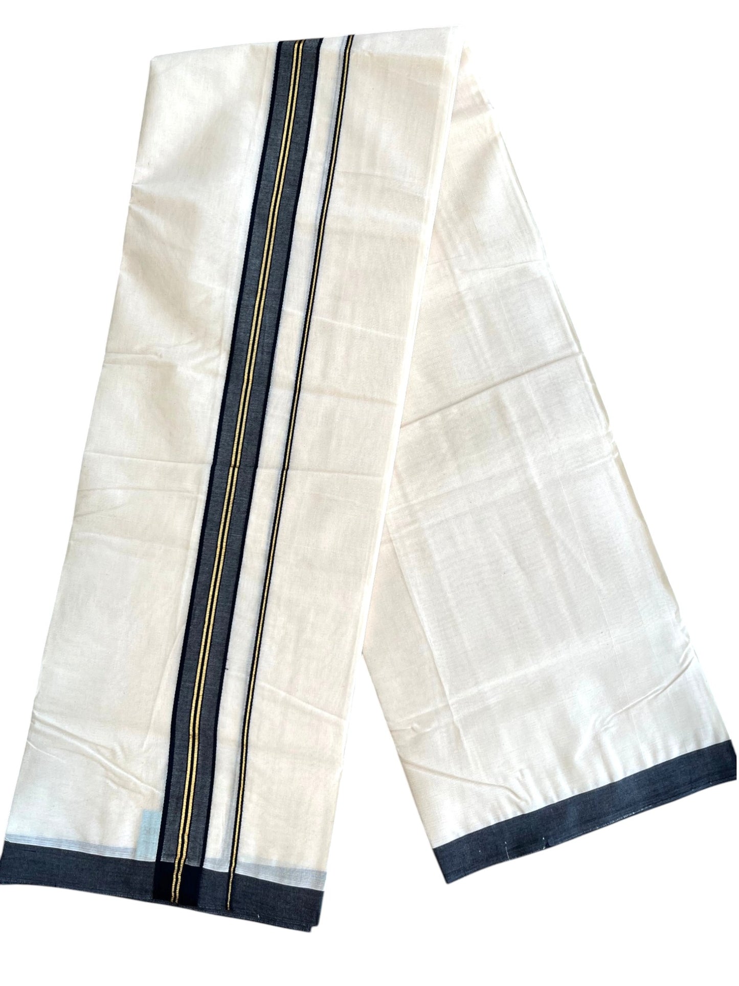 Southloom Pure Cotton Mundu with Golden Lines and Black Border (South Indian Kerala Dhoti)
