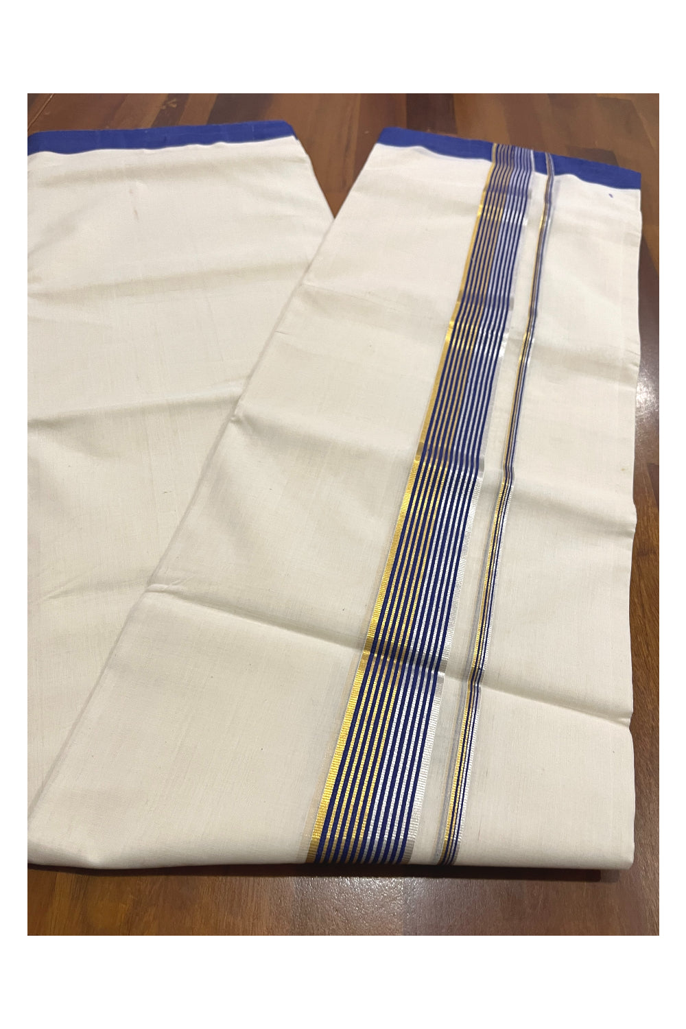 Southloom Premium Balaramapuram Unakkupaavu Handloom Mundu with Blue Silver and Golden Kasavu Border (South Indian Kerala Dhoti)