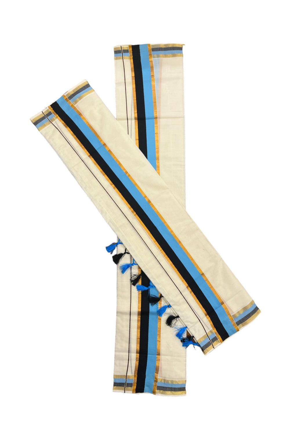 Cotton Kerala Kasavu Set Mundu (Mundum Neriyathum) with Blue Black Border and Tassels