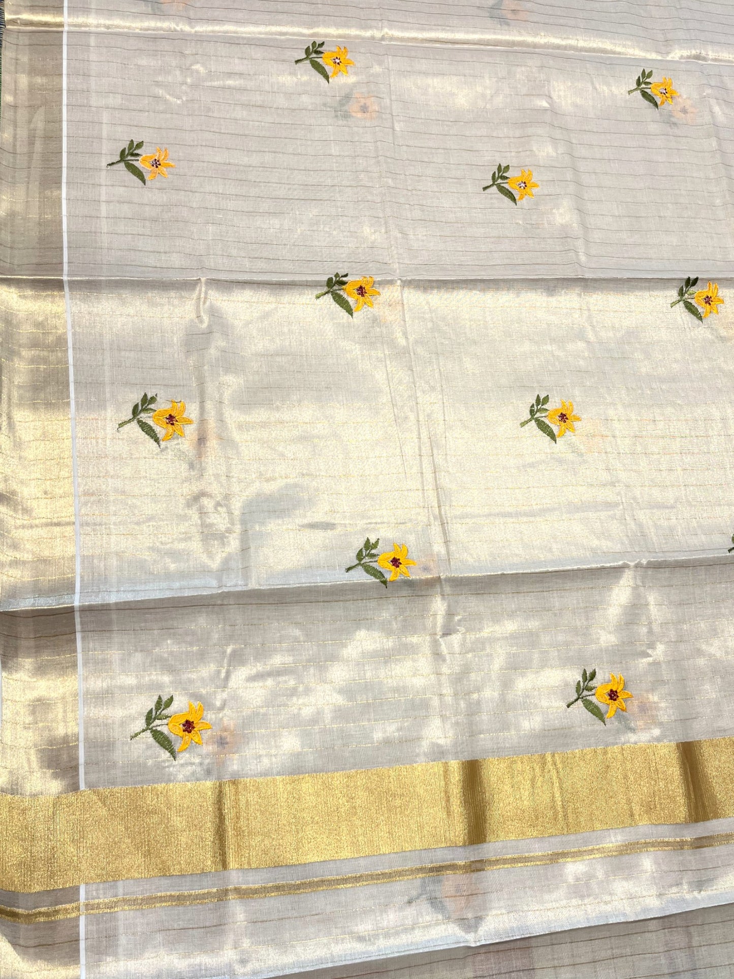 Southloom Tissue Kerala Kasavu Stripes Saree with Yellow Floral Embroidery Design