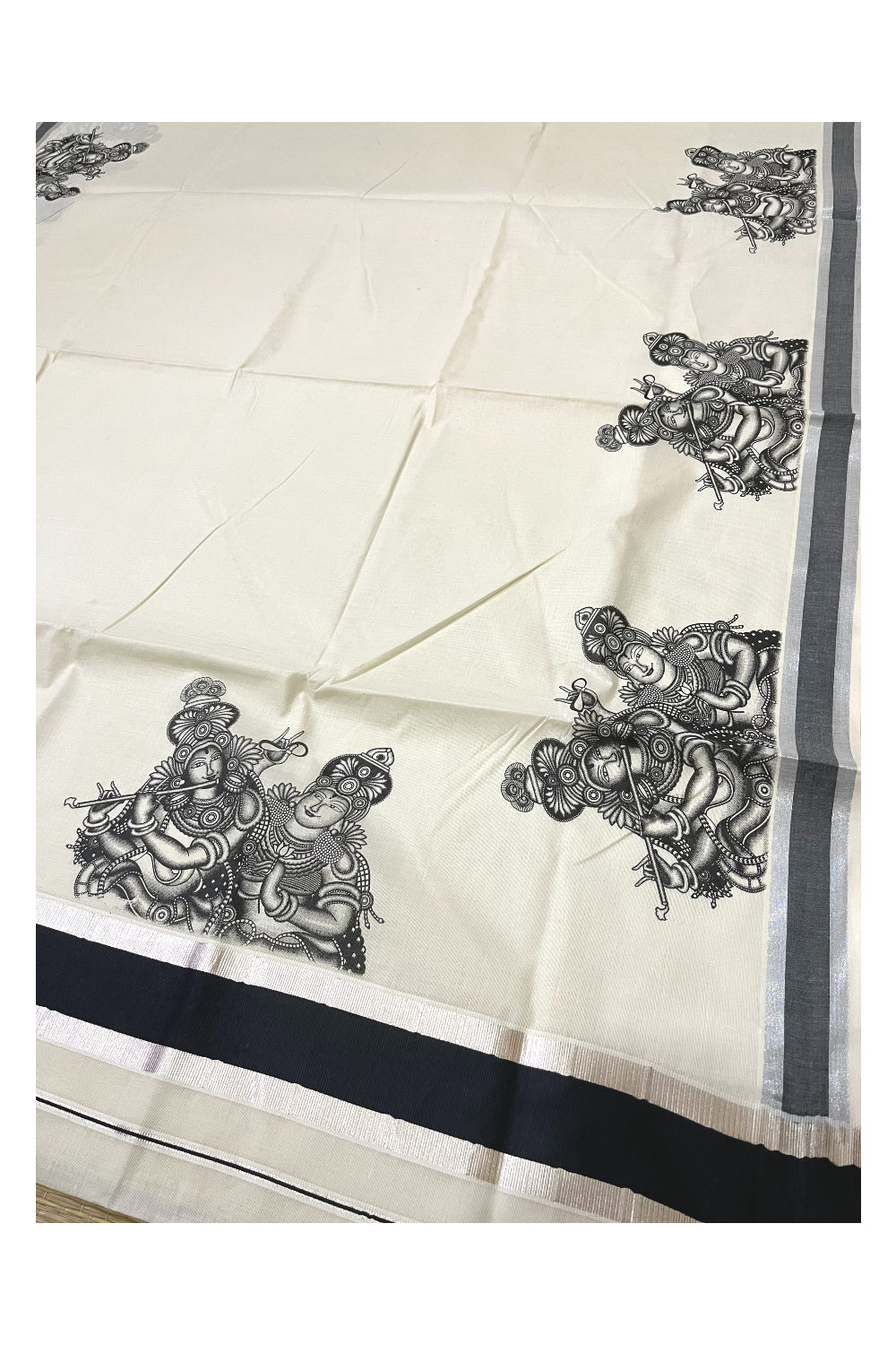 Pure Cotton Kerala Silver Kasavu Saree with Krishna Radha Mural Prints and Black Border (Onam Saree 2023)