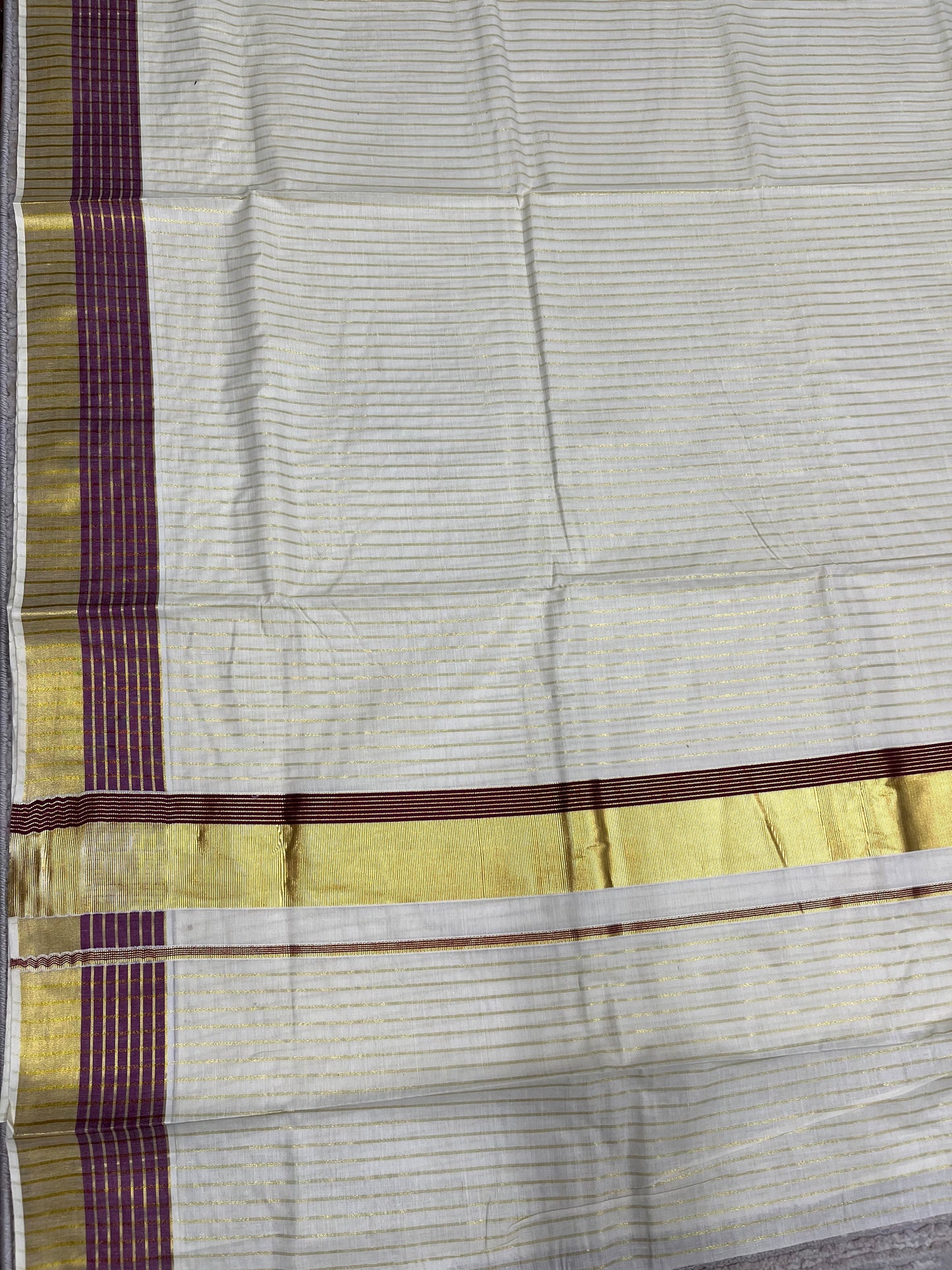 Southloom Pure Cotton Kerala Kasavu Lines Design Saree with Purple Border