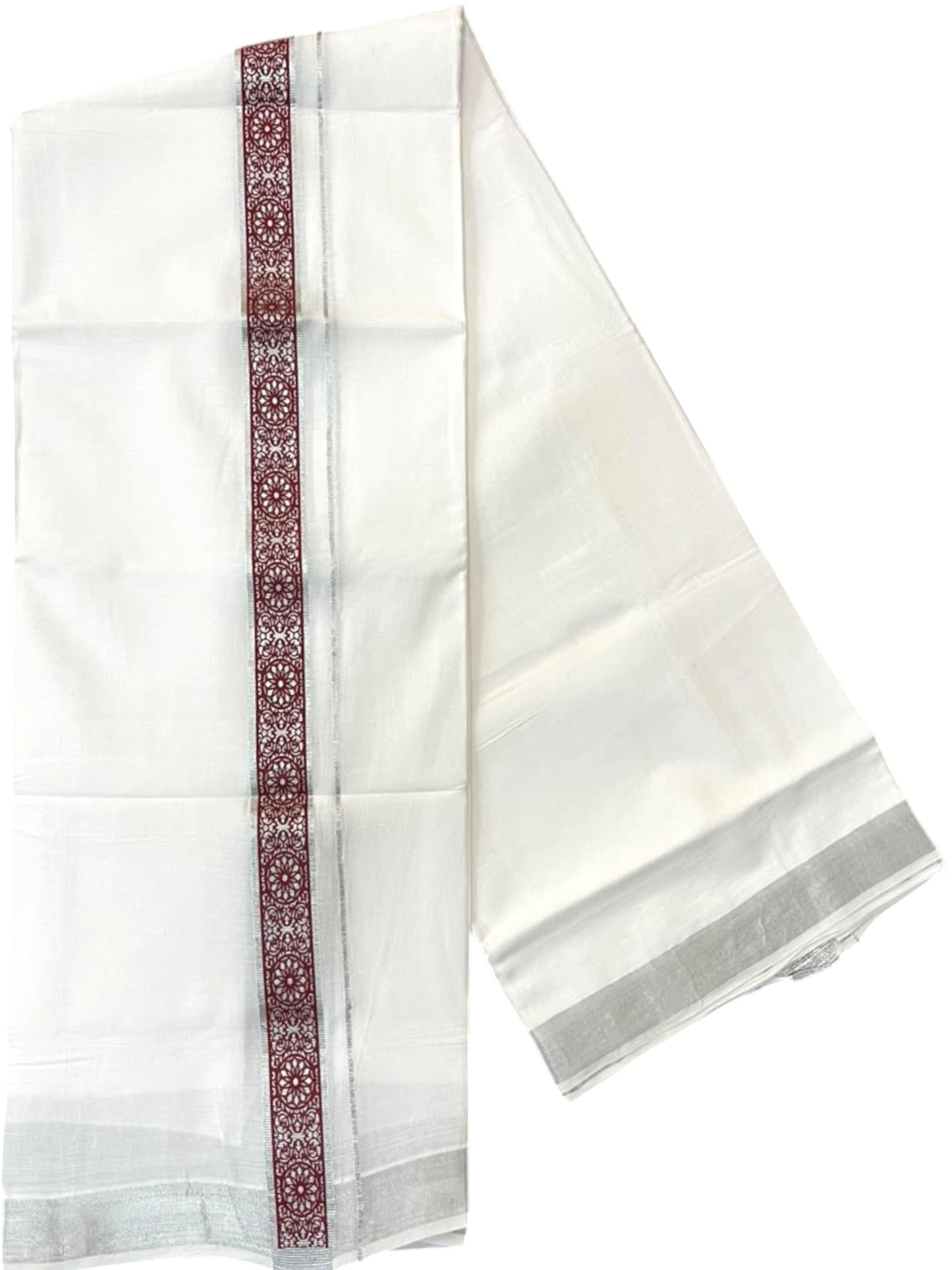 Southloom Pure White Cotton Mundu with Brick Red and Silver Kasavu Border (South Indian Kerala Dhoti)