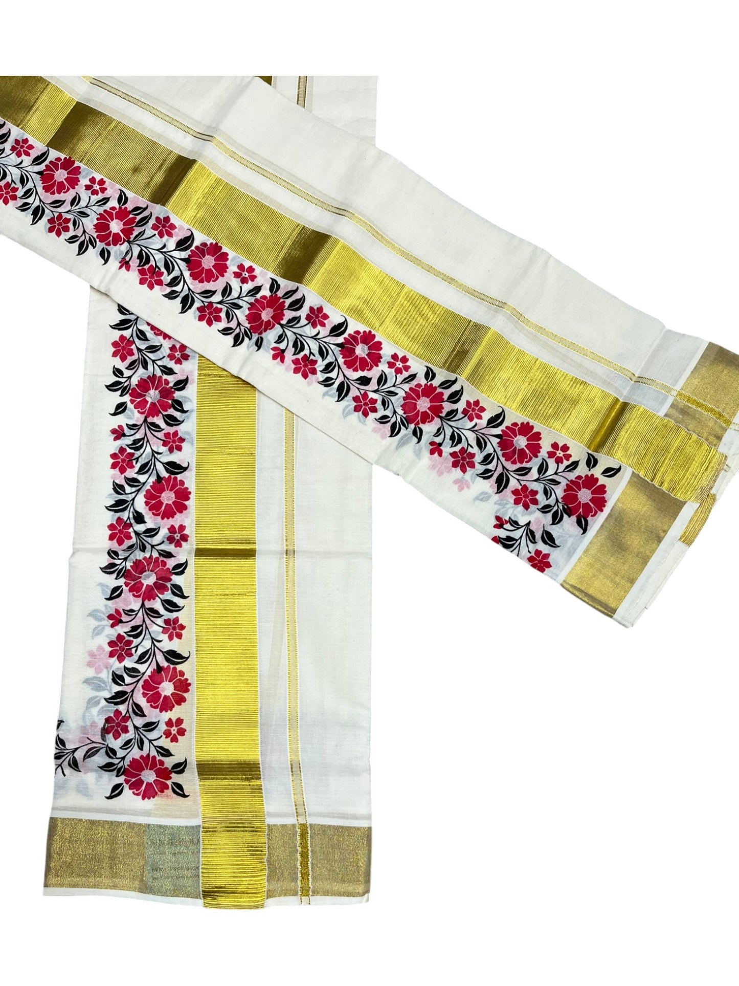 Southloom Pure Cotton Kerala Kasavu Single Set Mundu (Mundum Neriyathum) with Floral Print in Red and Black