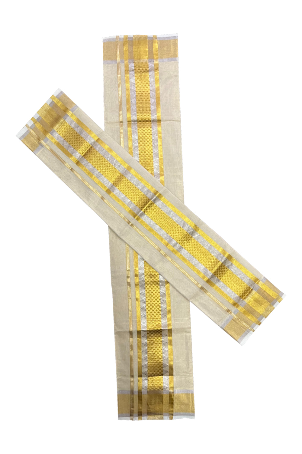 Southloom Premium Handloom Tissue Single Set Mundu with Silver and Golden Kasavu Woven Design Border