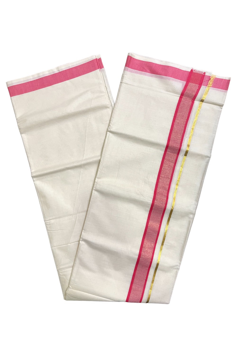 Kerala Pure Cotton Double Mundu with Pink and Kasavu Border (South Indian Kerala Dhoti)