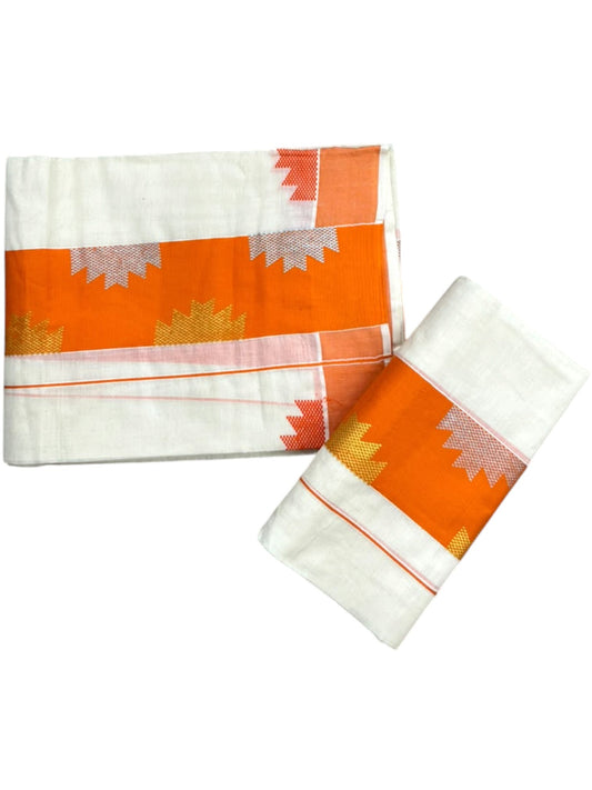 Southloom Pure Cotton Single Set Mundu (Mundum Neriyathum) Temple Design & Orange Border 2.80 Mtrs SL631