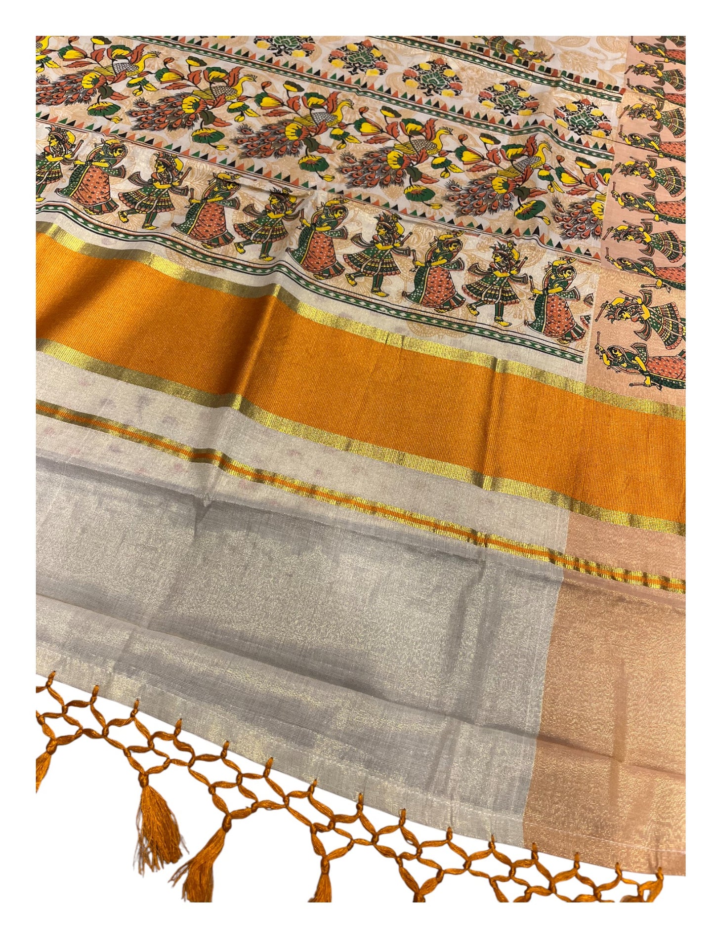 Southloom Kerala Tissue Kasavu Saree Orange Hand Printed