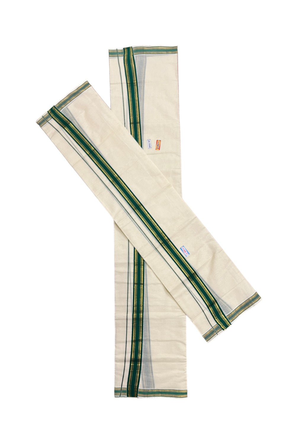Kerala Cotton Set Mundu (Mundum Neriyathum) with Green and Kasavu Border 2.80 Mtrs SLKK SL470