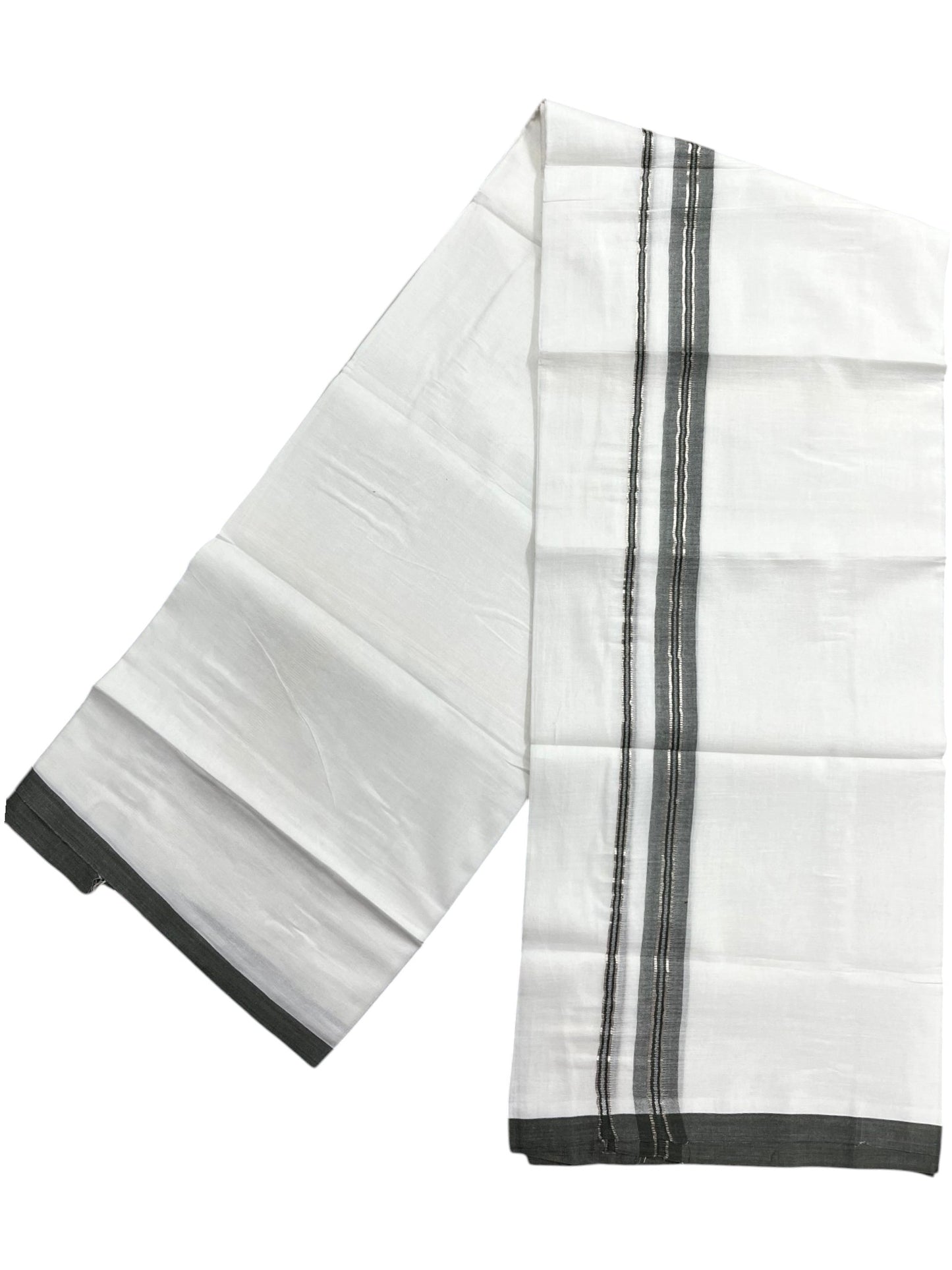 Southloom Pure White Cotton Mundu with Olive Green & Silver Line Border (South Indian Kerala Dhoti)