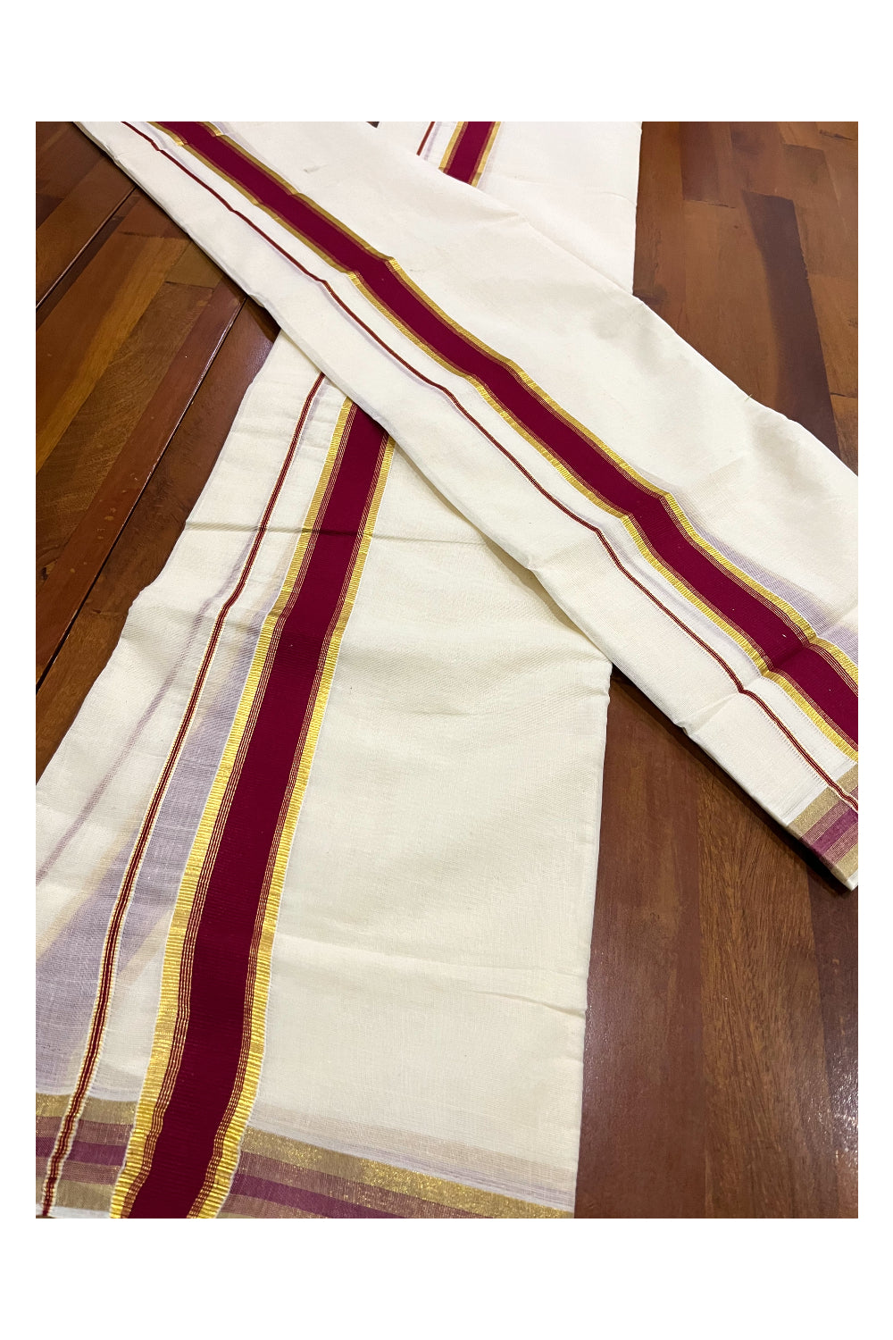 Pure Cotton Mundum Neriyathum Double (Set Mundu) with Maroon and Kasavu Border 2.80 Mtrs