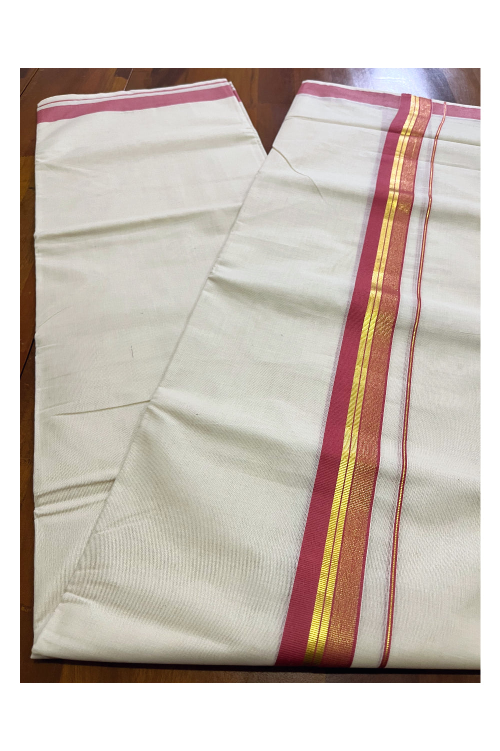 Pure Cotton Off White Kerala Double Mundu with Pink and Kasavu Border (South Indian Dhoti)