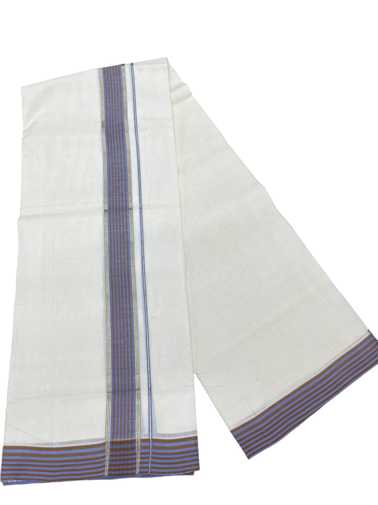 Southloom Unakkupaavu Premium Handloom Cotton Double Mundu with Gold Kasavu and Blue Border