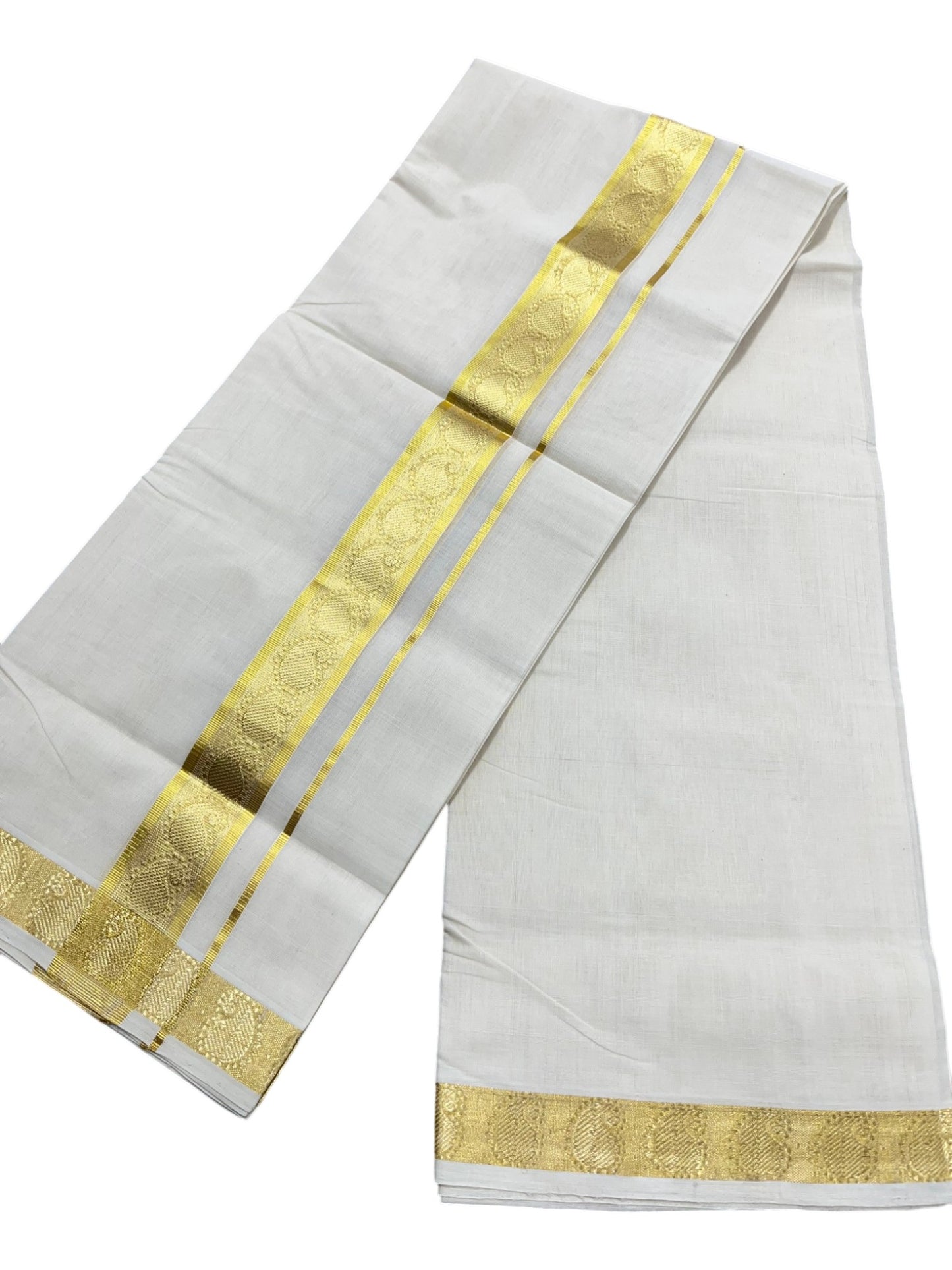 Southloom Premium Handloom Cotton Double Mundu with Gold Kasavu Border