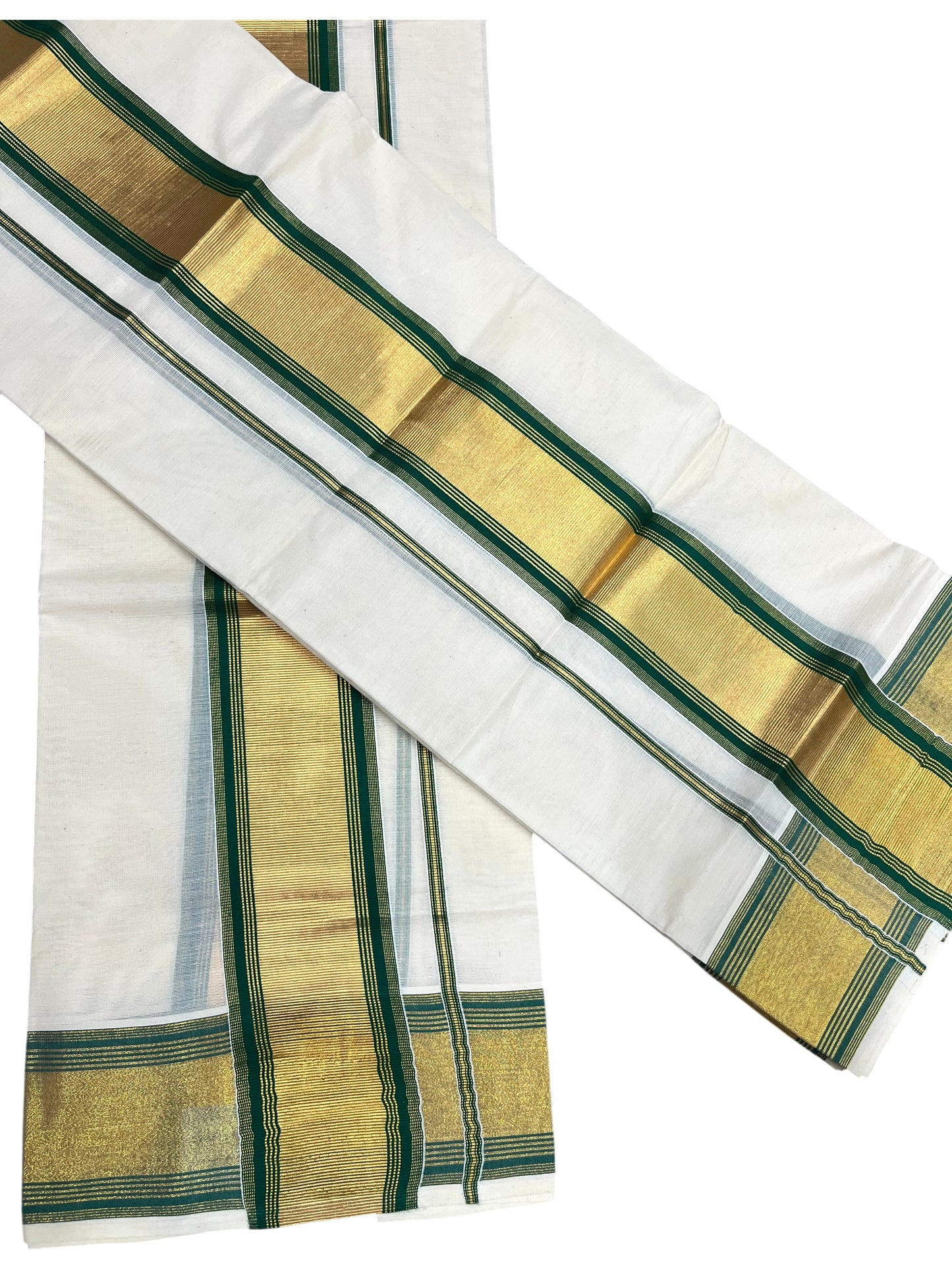 Southloom Pure Cotton Kerala  Set Mundu (Mundum Neriyathum) Single with Green and Kasavu Border 2.80 Mtrs SLKK