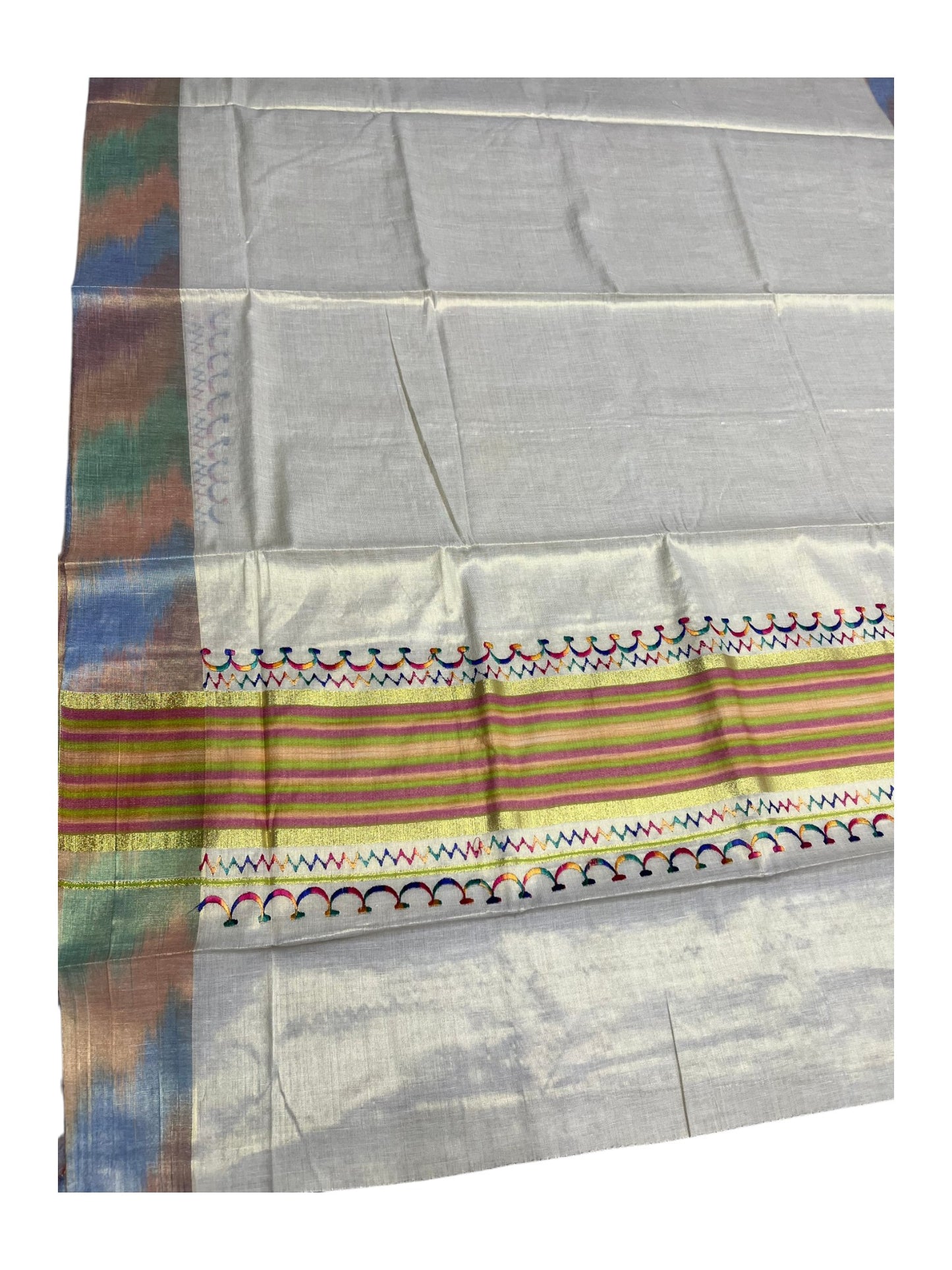 Southloom Kerala Tissue Kasavu Saree with Multi Colour Pochampally Design on Borders and Kara