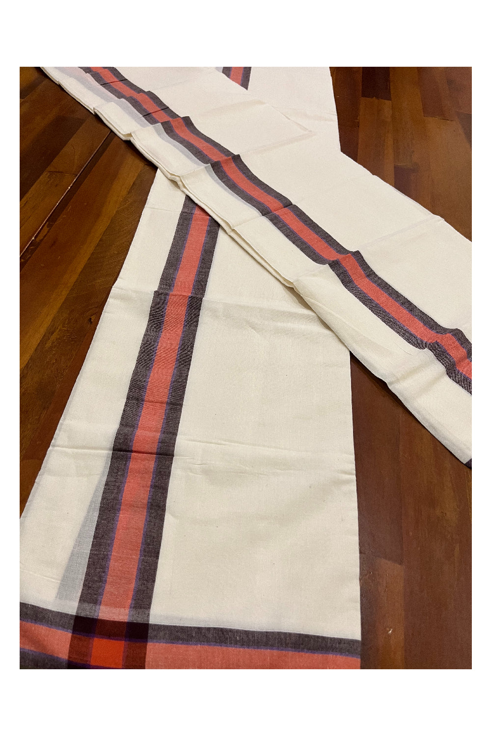 Kerala Mulloth Cotton Single Mundum Neriyathum with Red Brown Border (Extra Soft Cotton)