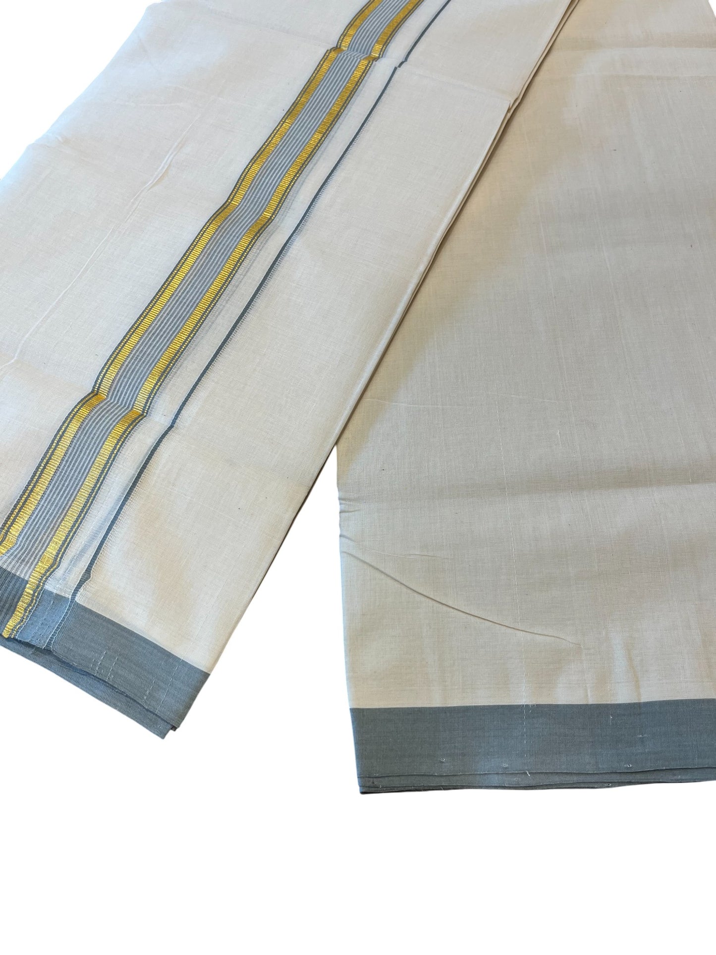 Southloom Premium Handloom Cotton Double Mundu with Gold and Grey Border